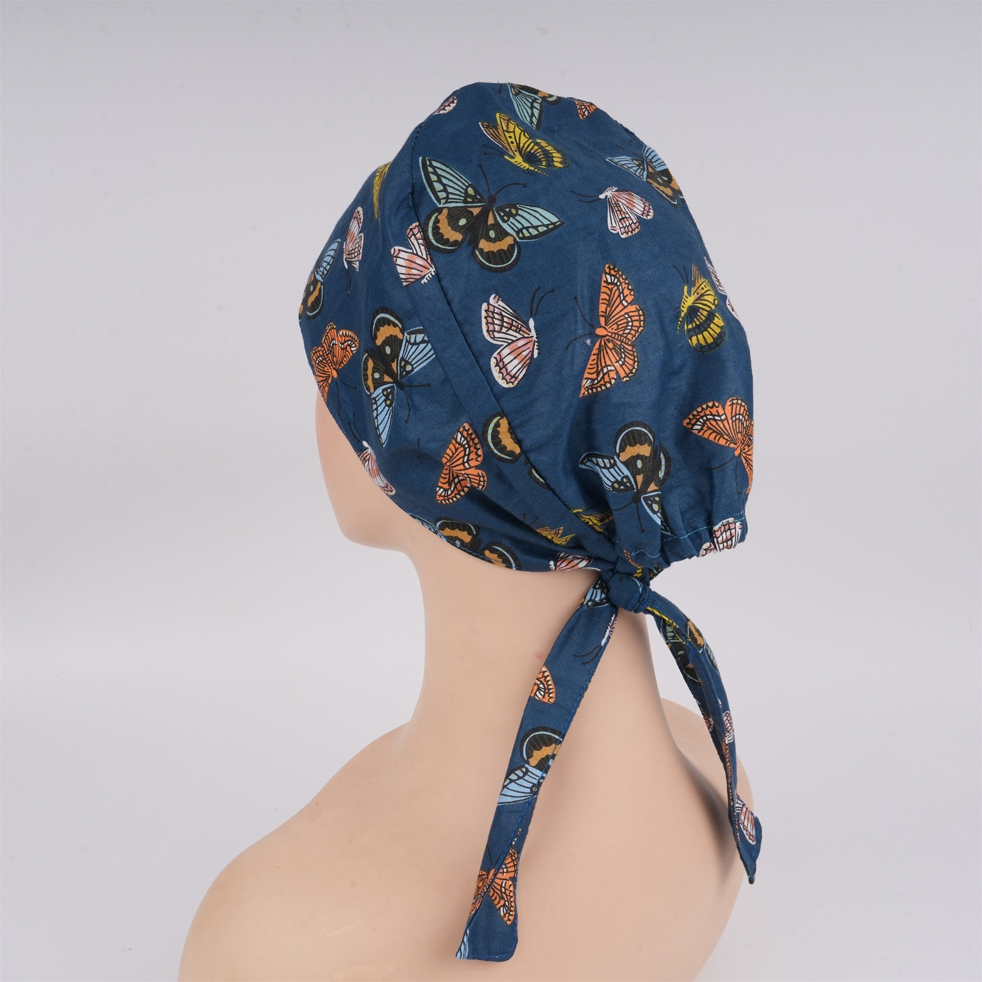 Navy Butterfly Cotton Scrub Cap,Handmade Tieback Style surgical Hat