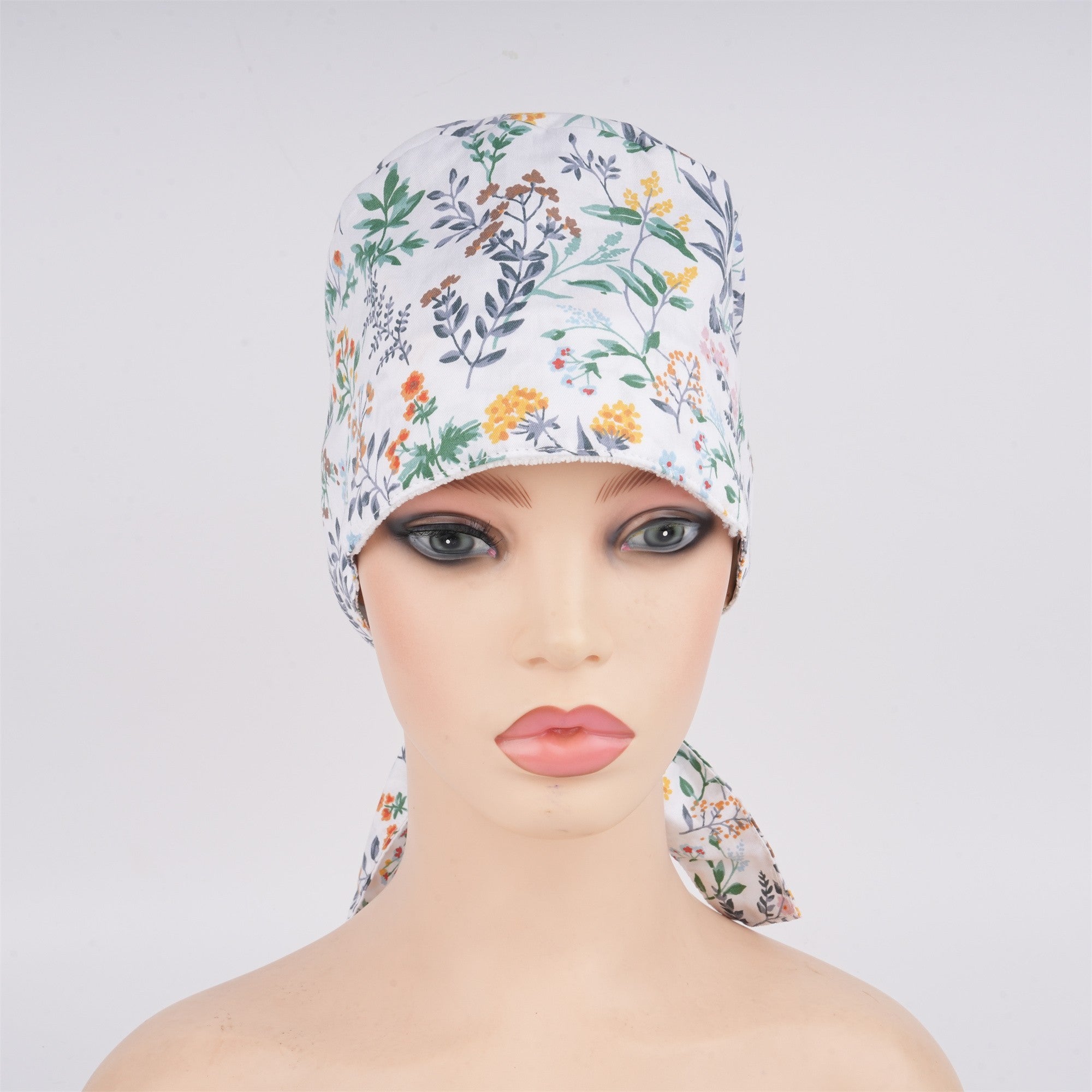 Wildflowers Tieback Surgical Scrub Cao, White Cotton OR Hat Handmade