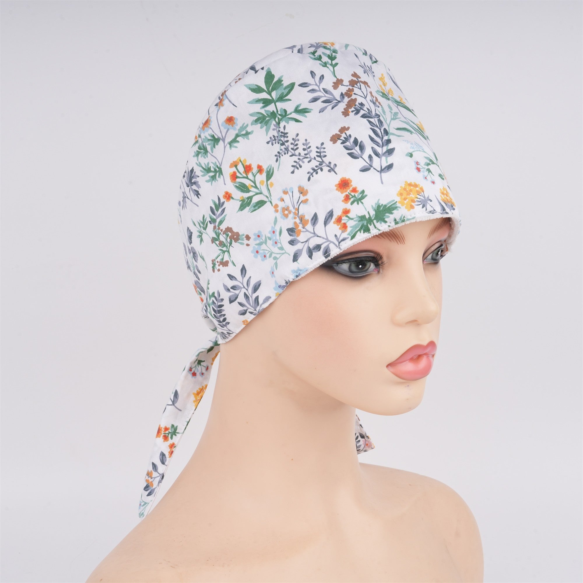 Wildflowers Tieback Surgical Scrub Cao, White Cotton OR Hat Handmade