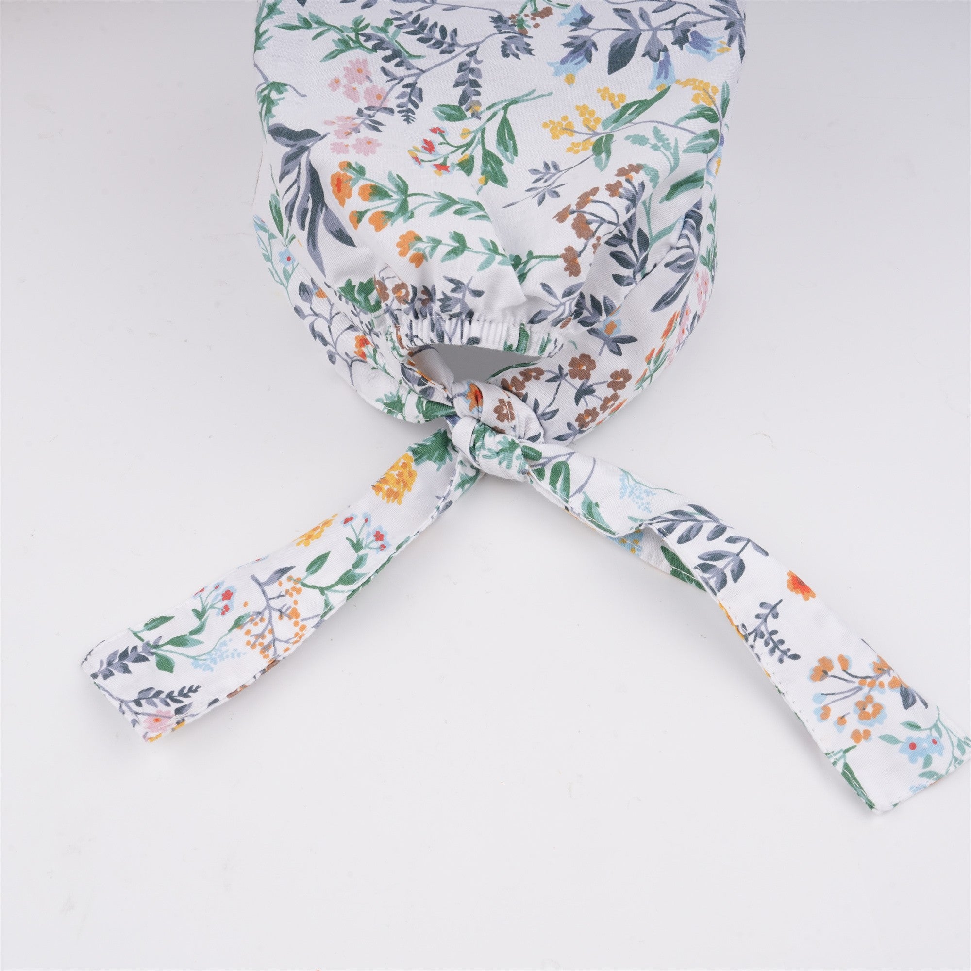 Wildflowers Tieback Surgical Scrub Cao, White Cotton OR Hat Handmade