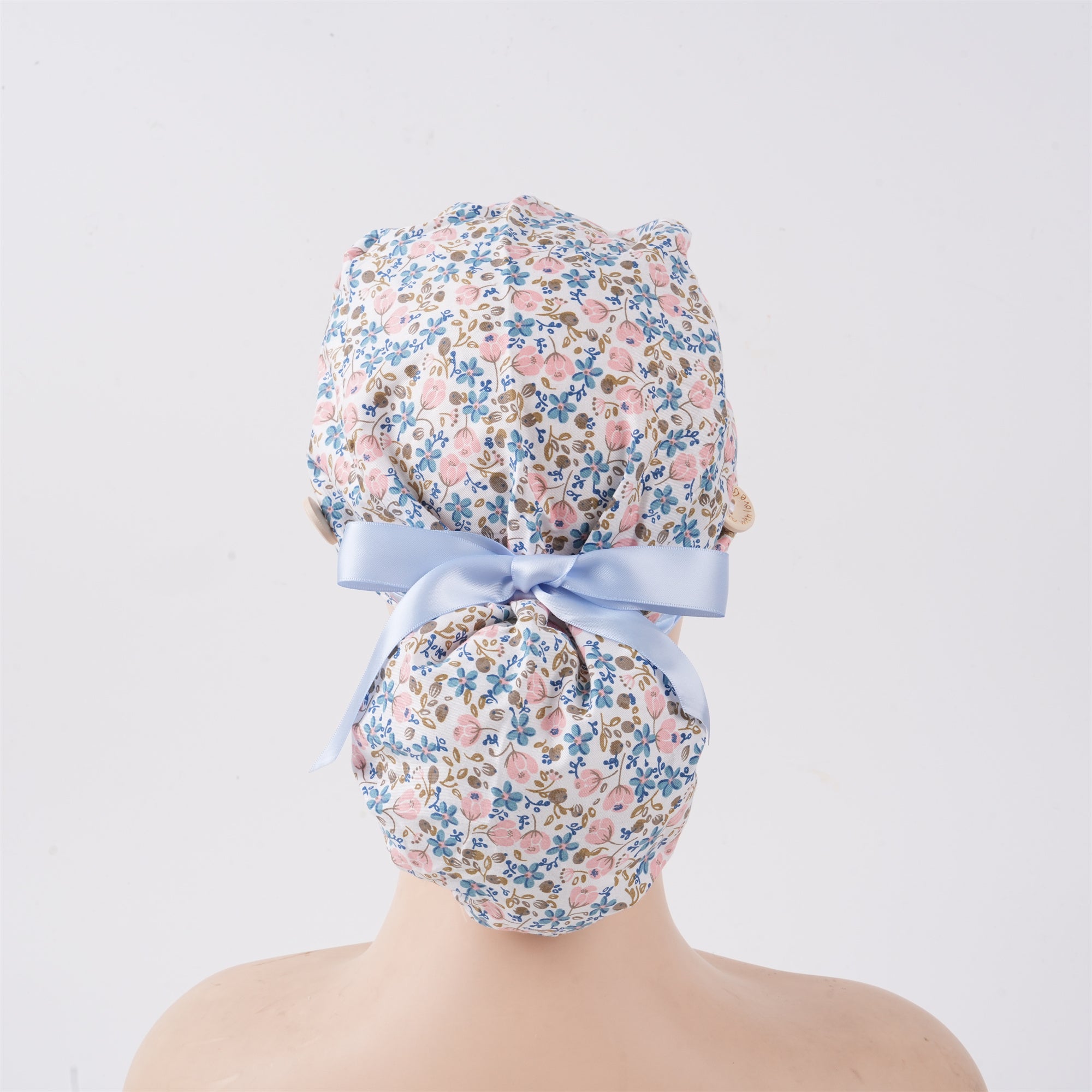 Floral Cotton Ponytail Scrub Cap: Blue Pink Flowers