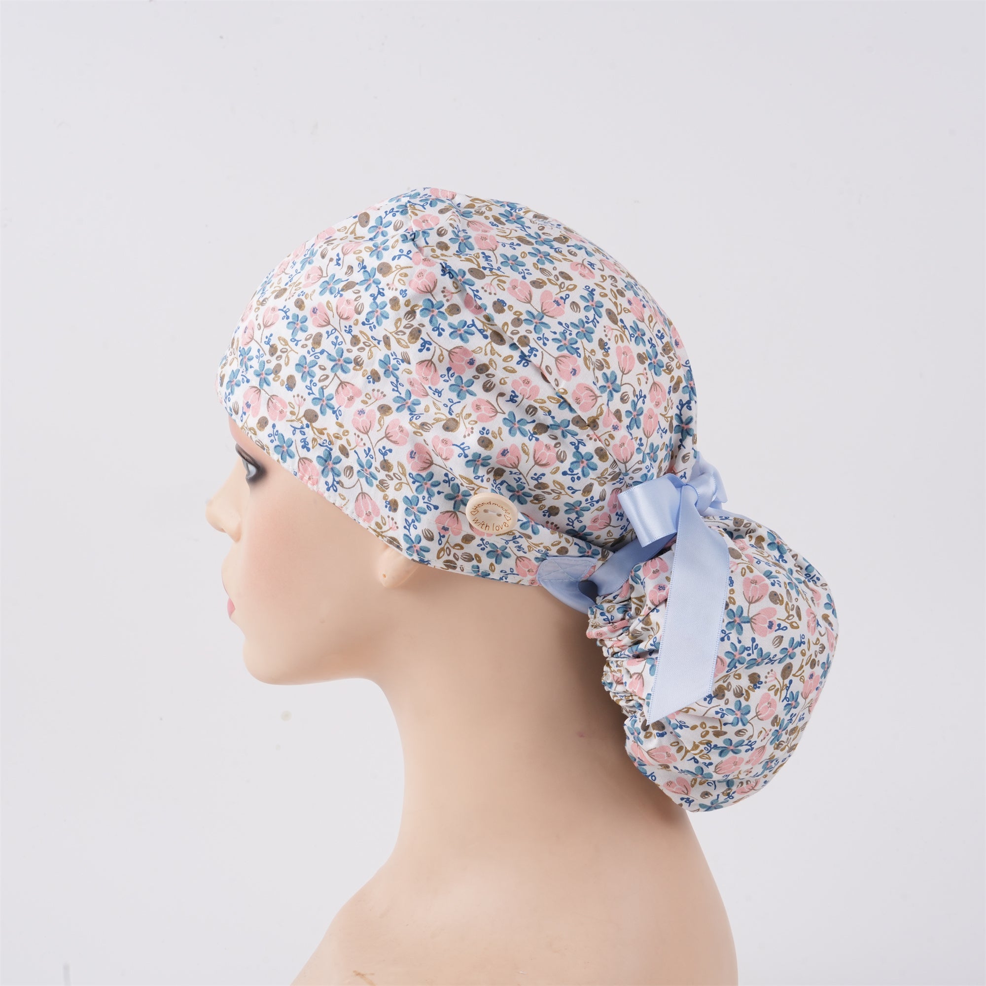 Floral Cotton Ponytail Scrub Cap: Blue Pink Flowers
