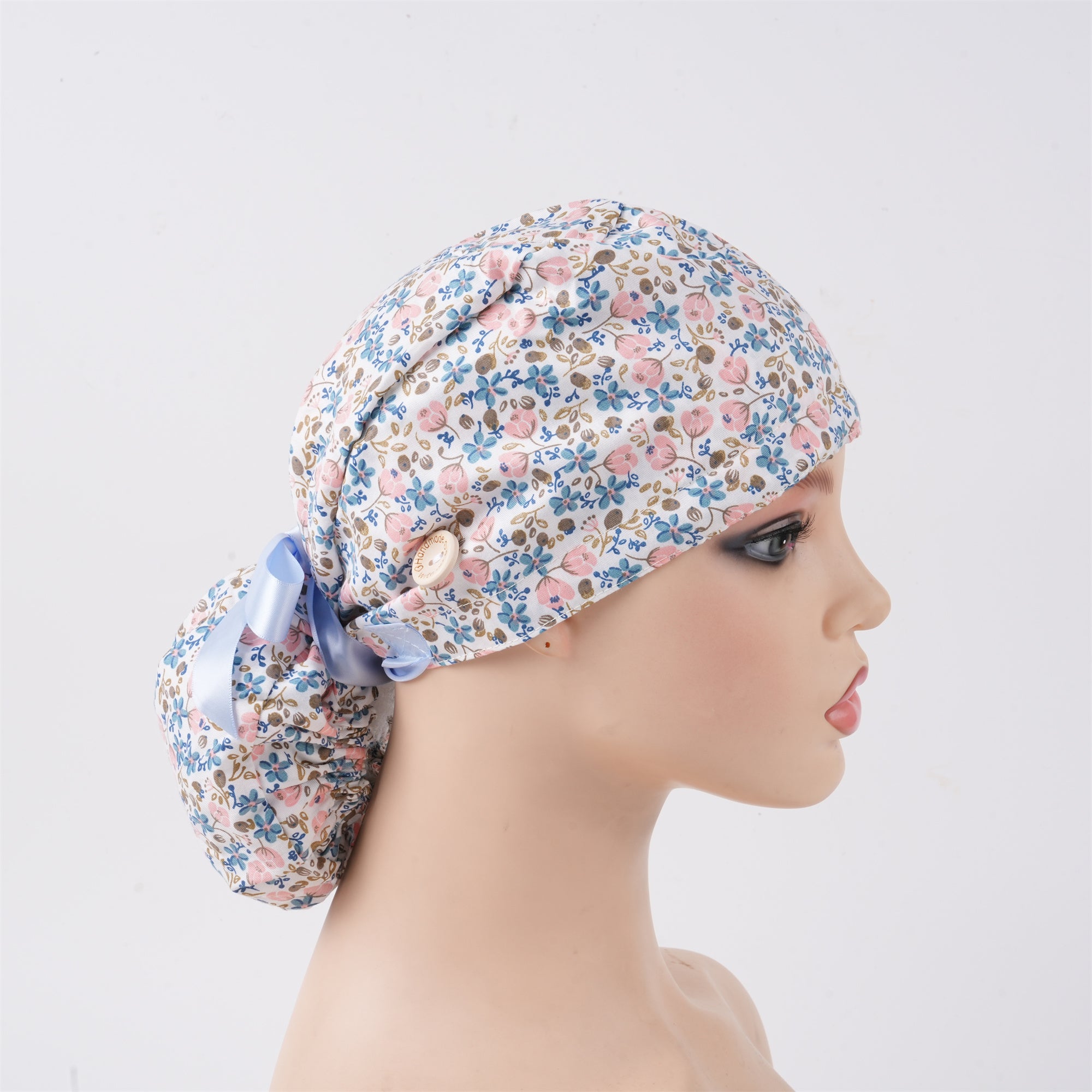 Floral Cotton Ponytail Scrub Cap: Blue Pink Flowers
