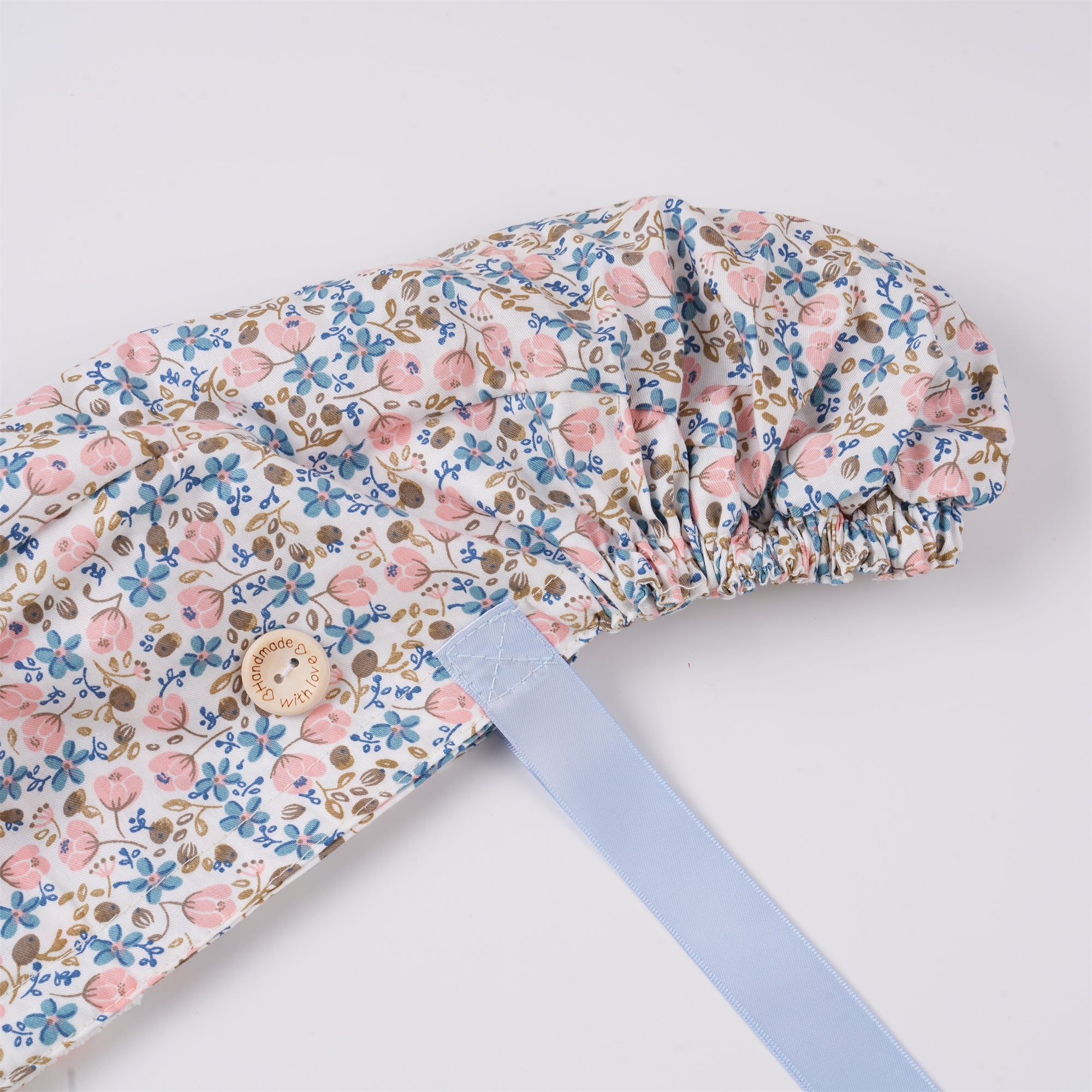 Floral Cotton Ponytail Scrub Cap: Blue Pink Flowers