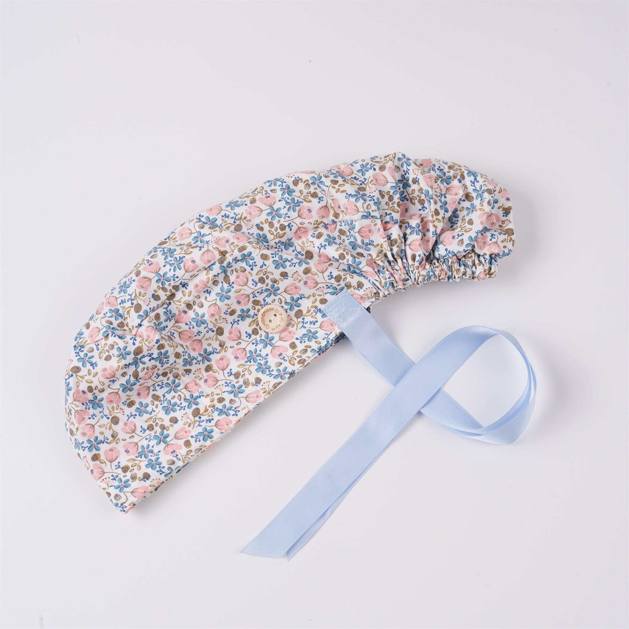 Floral Cotton Ponytail Scrub Cap: Blue Pink Flowers