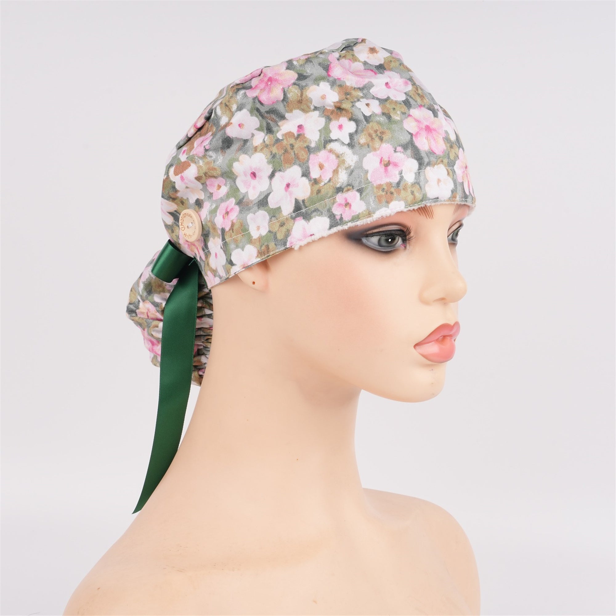 Pink Pastel Flower Cotton Ponytail Scrub Cap