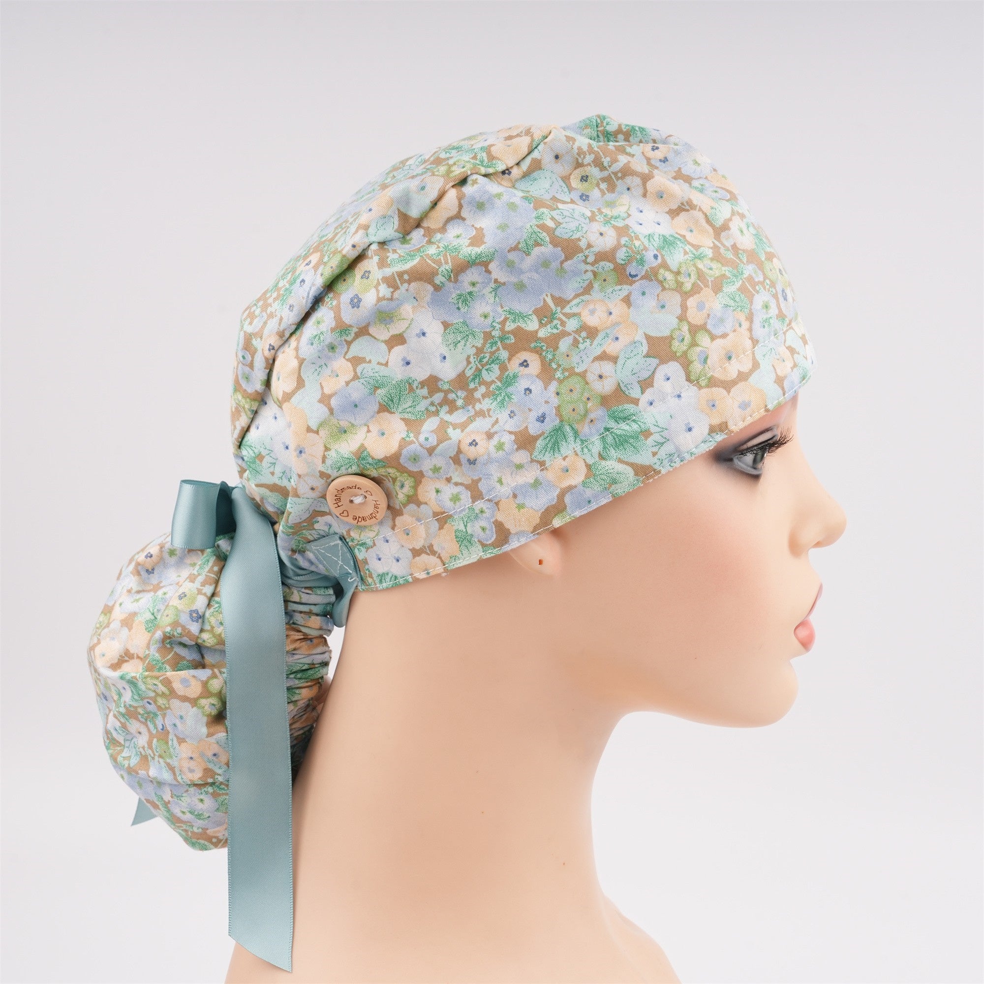 Blue Flower in Brown Cotton Ponytail Scrub Cap