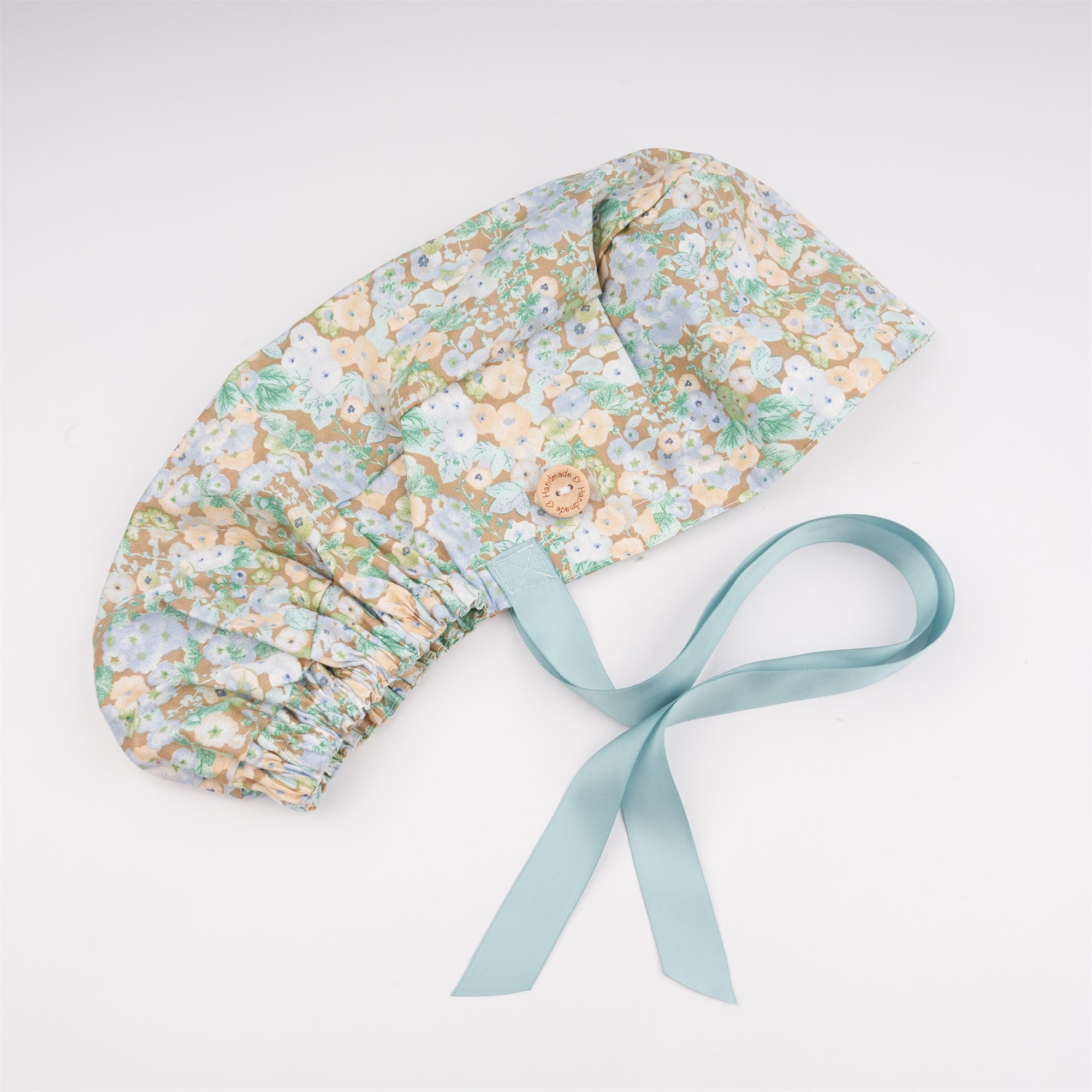 Blue Flower in Brown Cotton Ponytail Scrub Cap