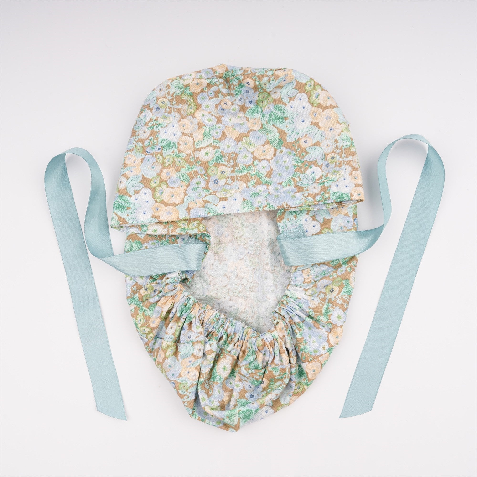 Blue Flower in Brown Cotton Ponytail Scrub Cap