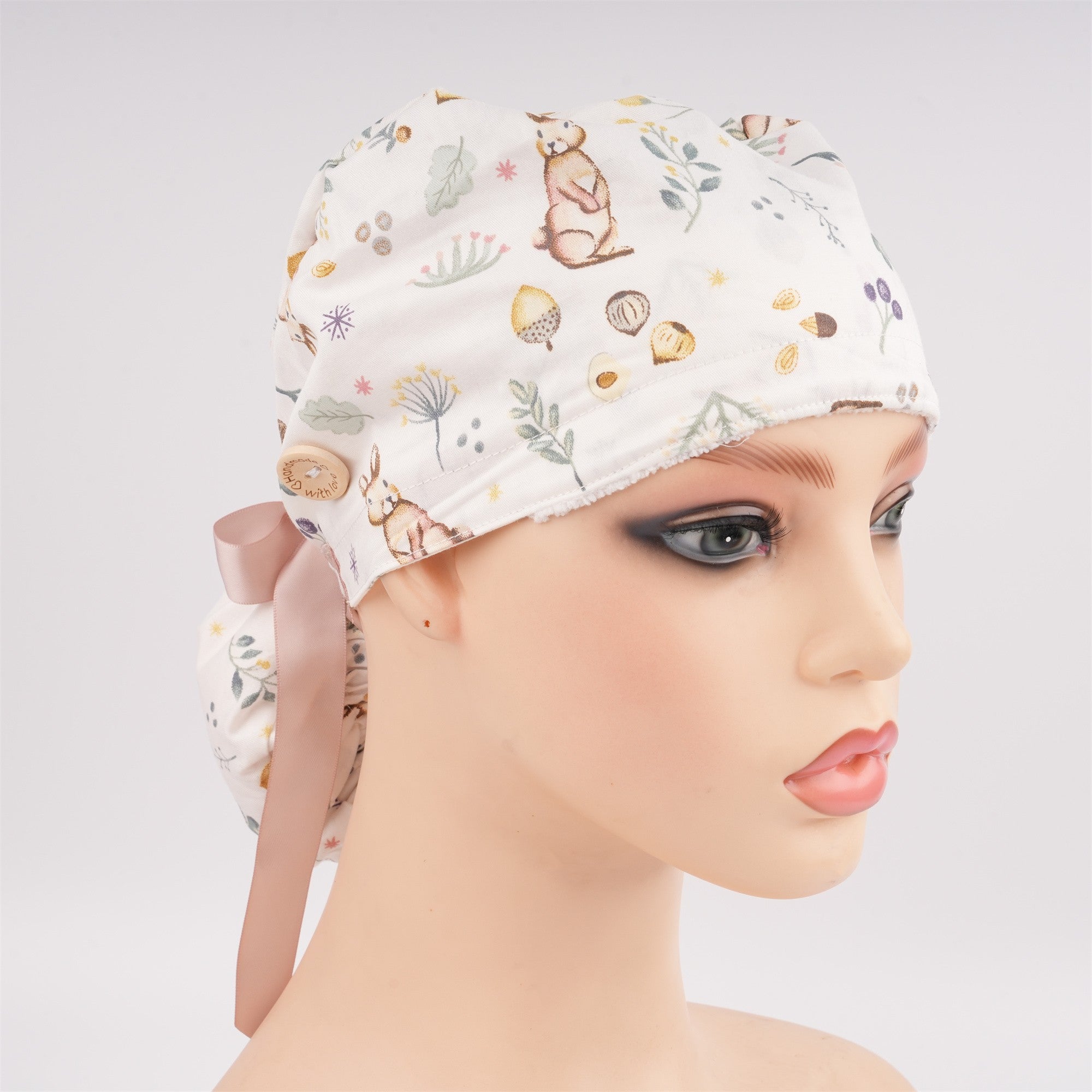 Bunny Flowers Ponytail Scrub Cap for long hair
