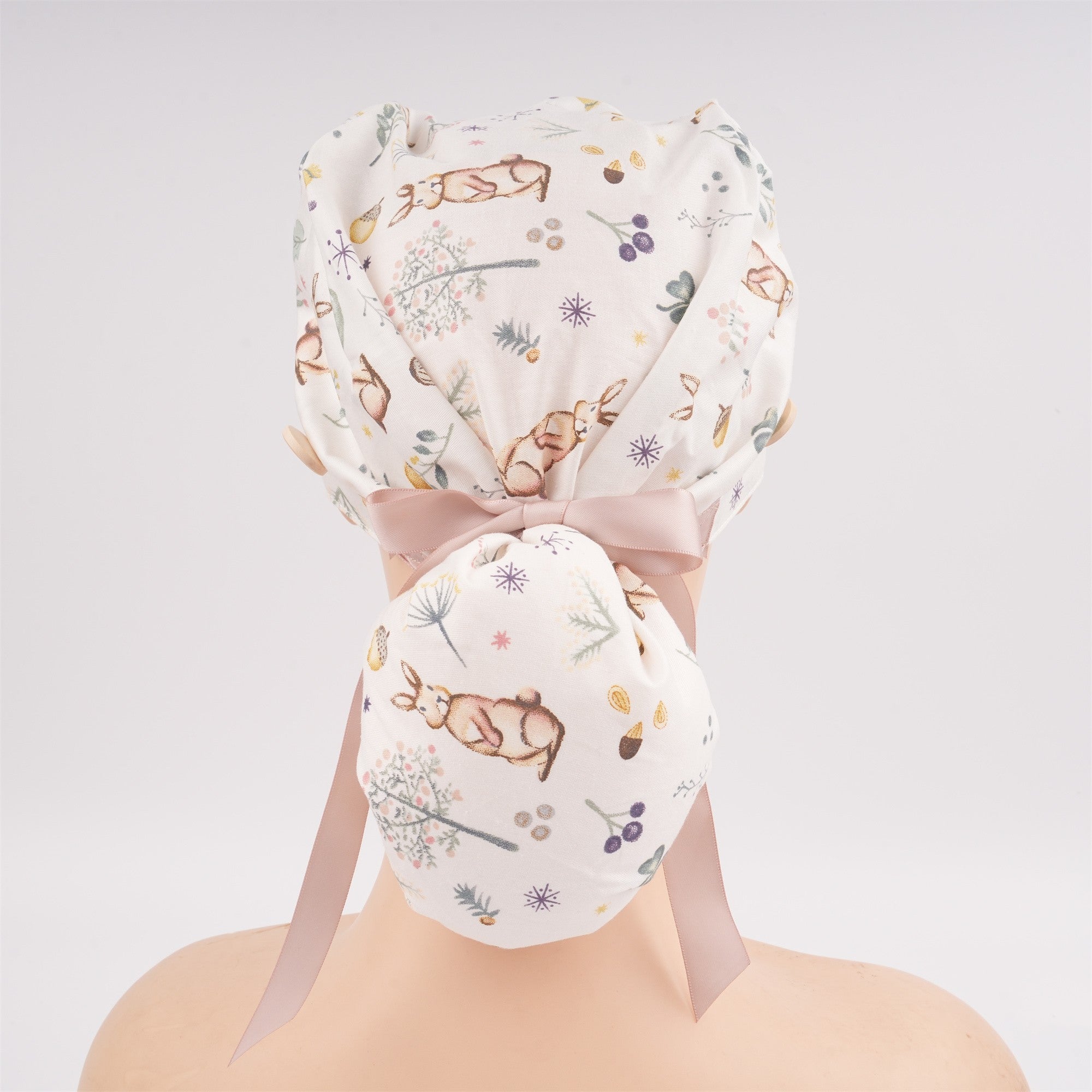 Bunny Flowers Ponytail Scrub Cap for long hair