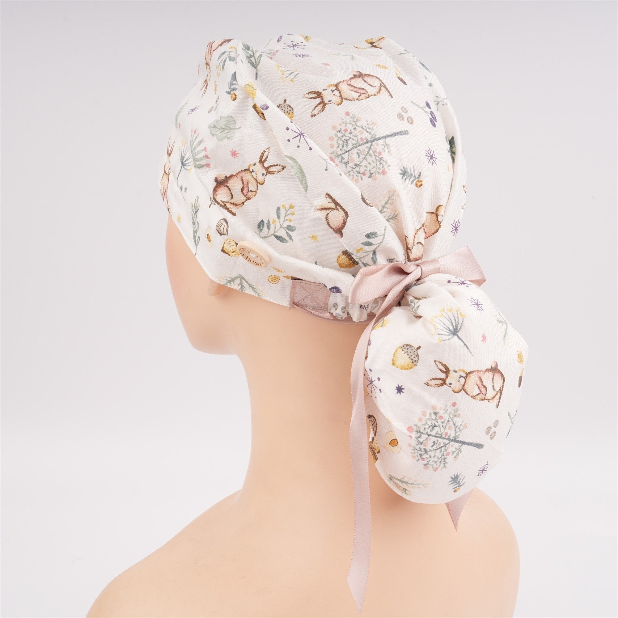 Bunny Flowers Ponytail Scrub Cap for long hair