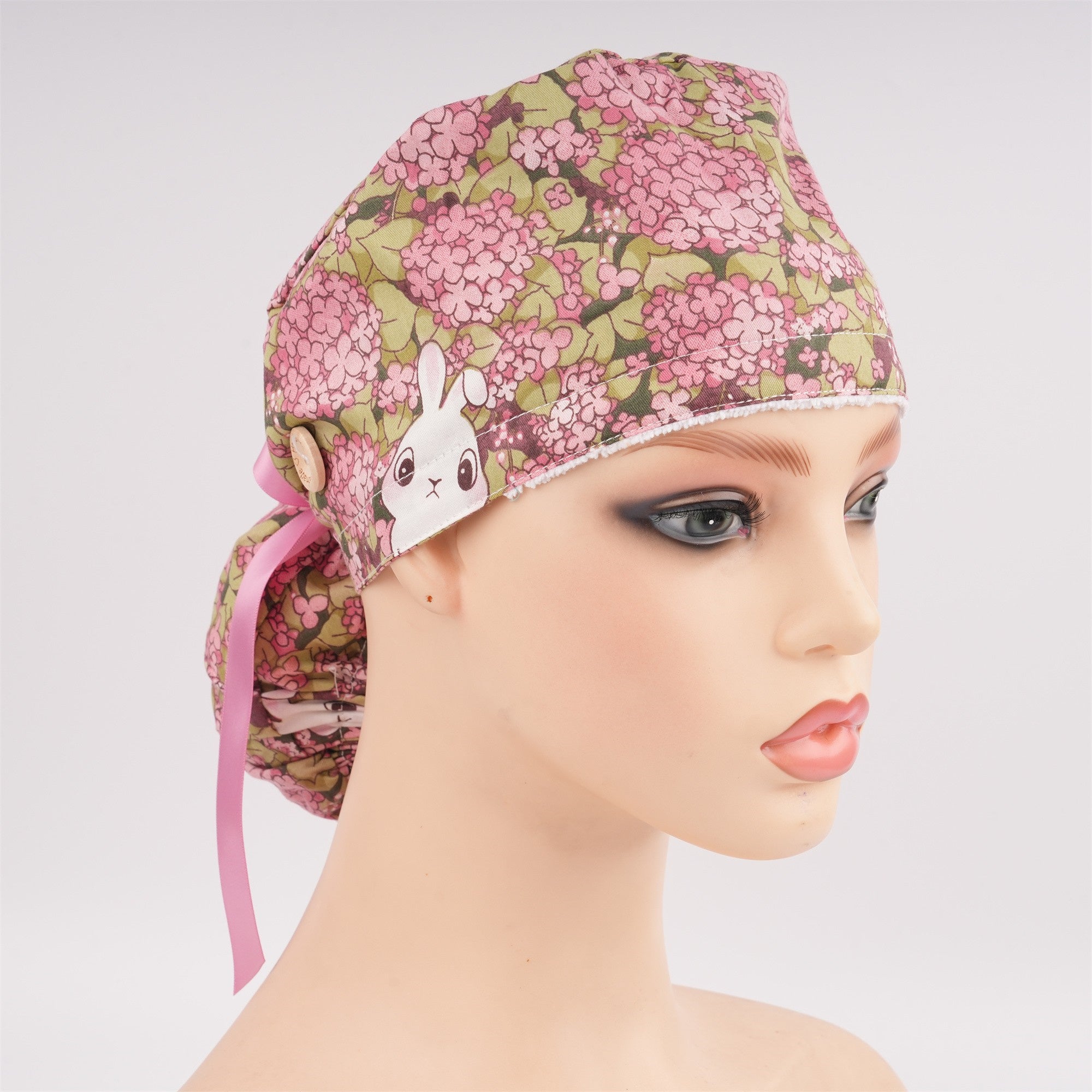 Pink Hydrangea Cotton Ponytail Scrub cap