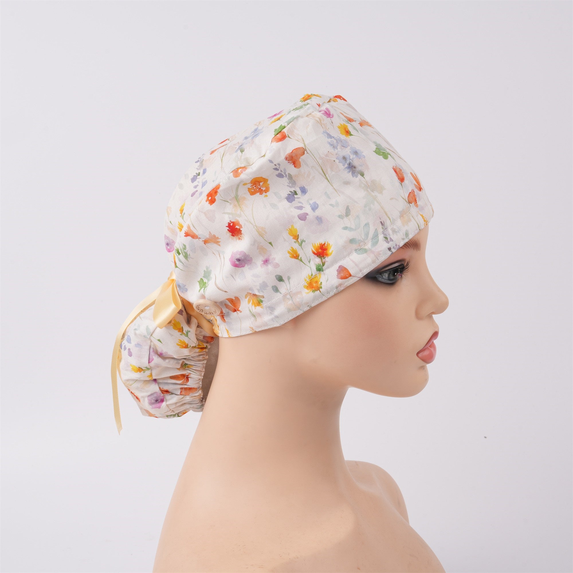 Watercolor Flowers Cotton Ponytail Scrub Cap