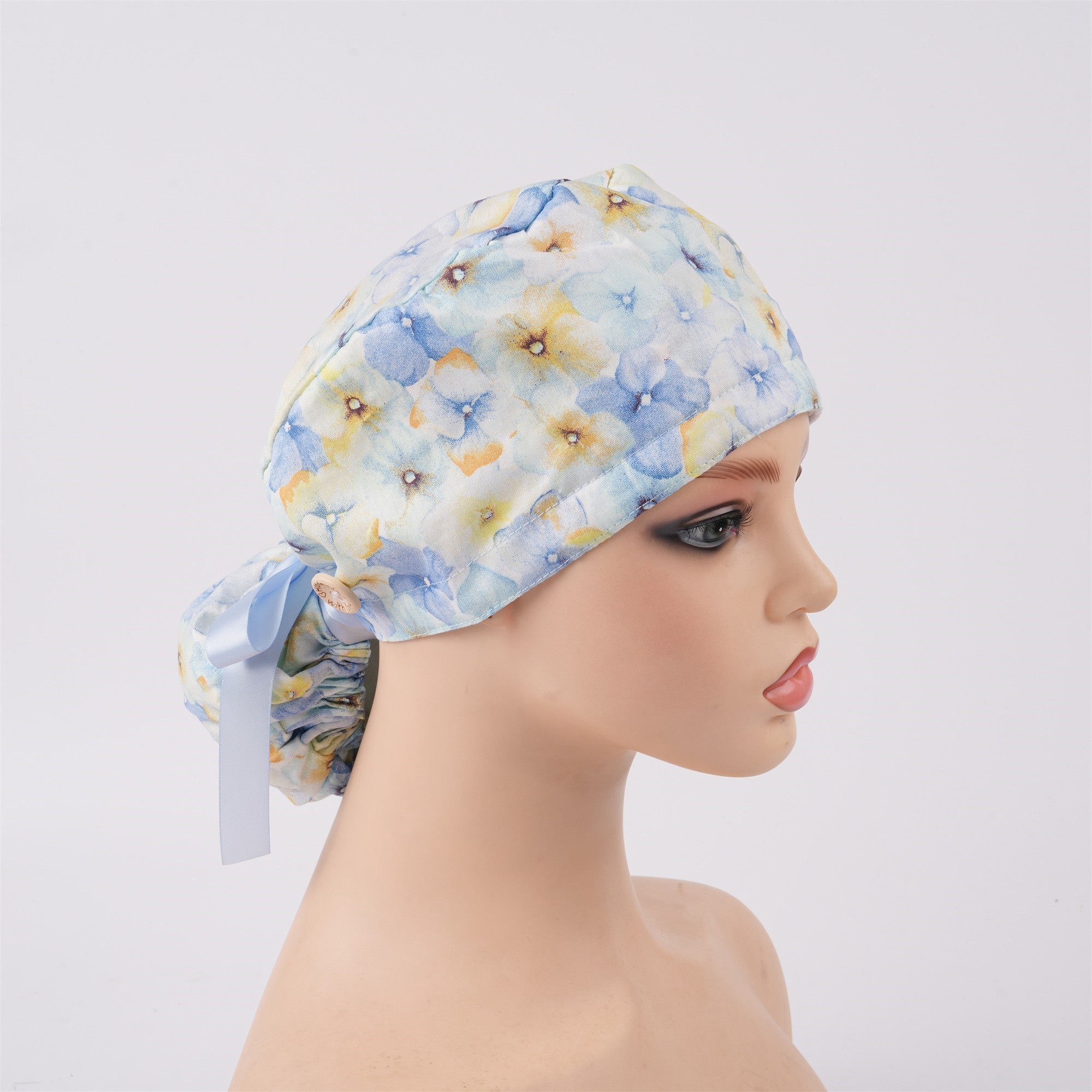 Blue Yellow Pastel Flower Cotton Ponytail Scrub Cap