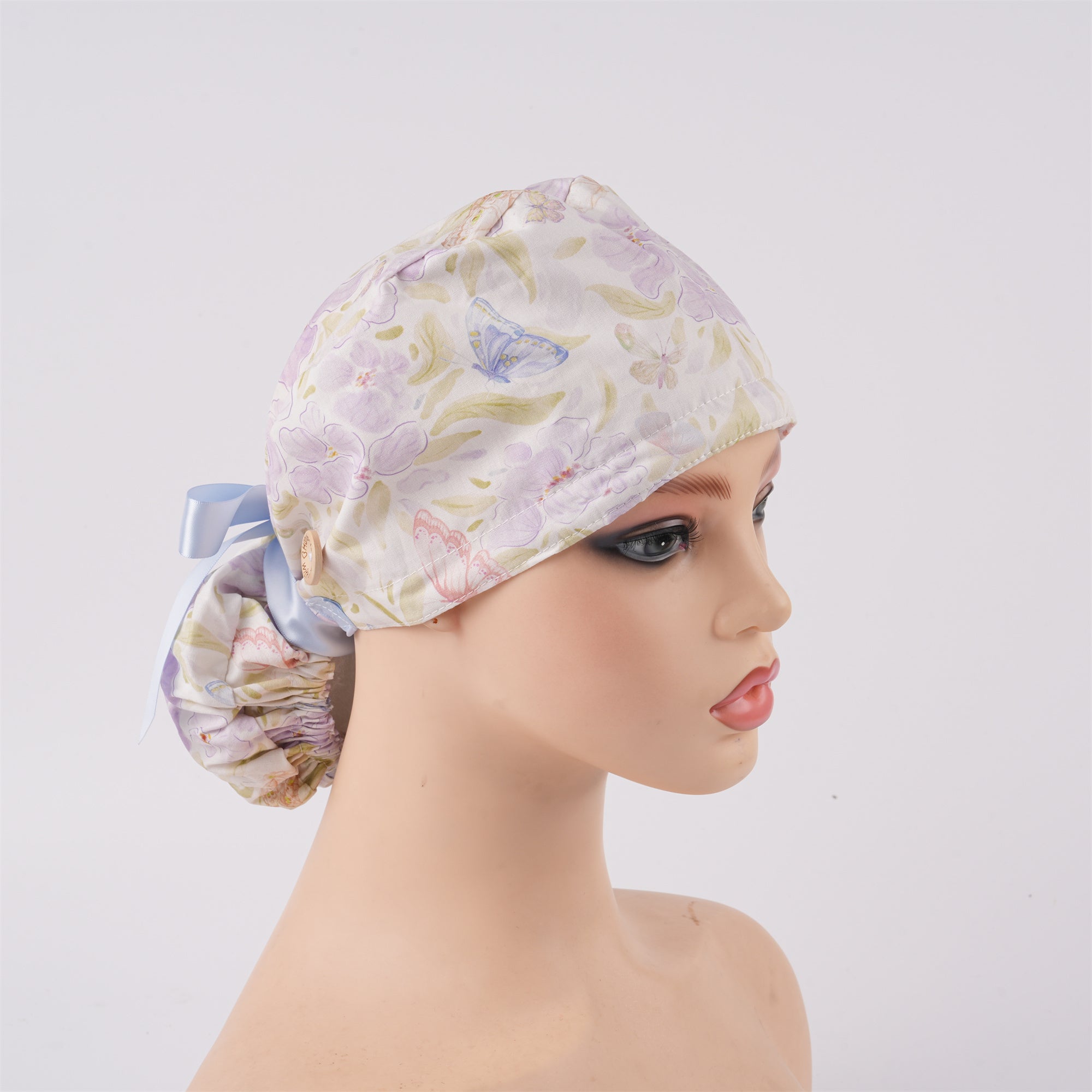 Purple Floral Butterfly Cotton Ponytail Scrub Cap
