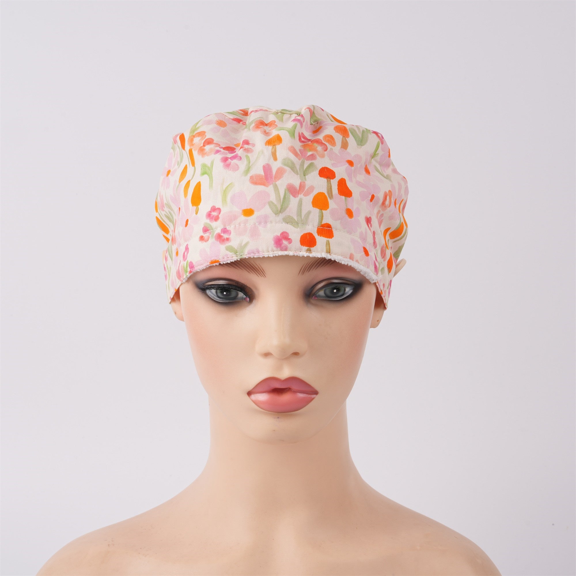Hot Pink Floral Mushroom Cotton Ponytail Scrub Cap