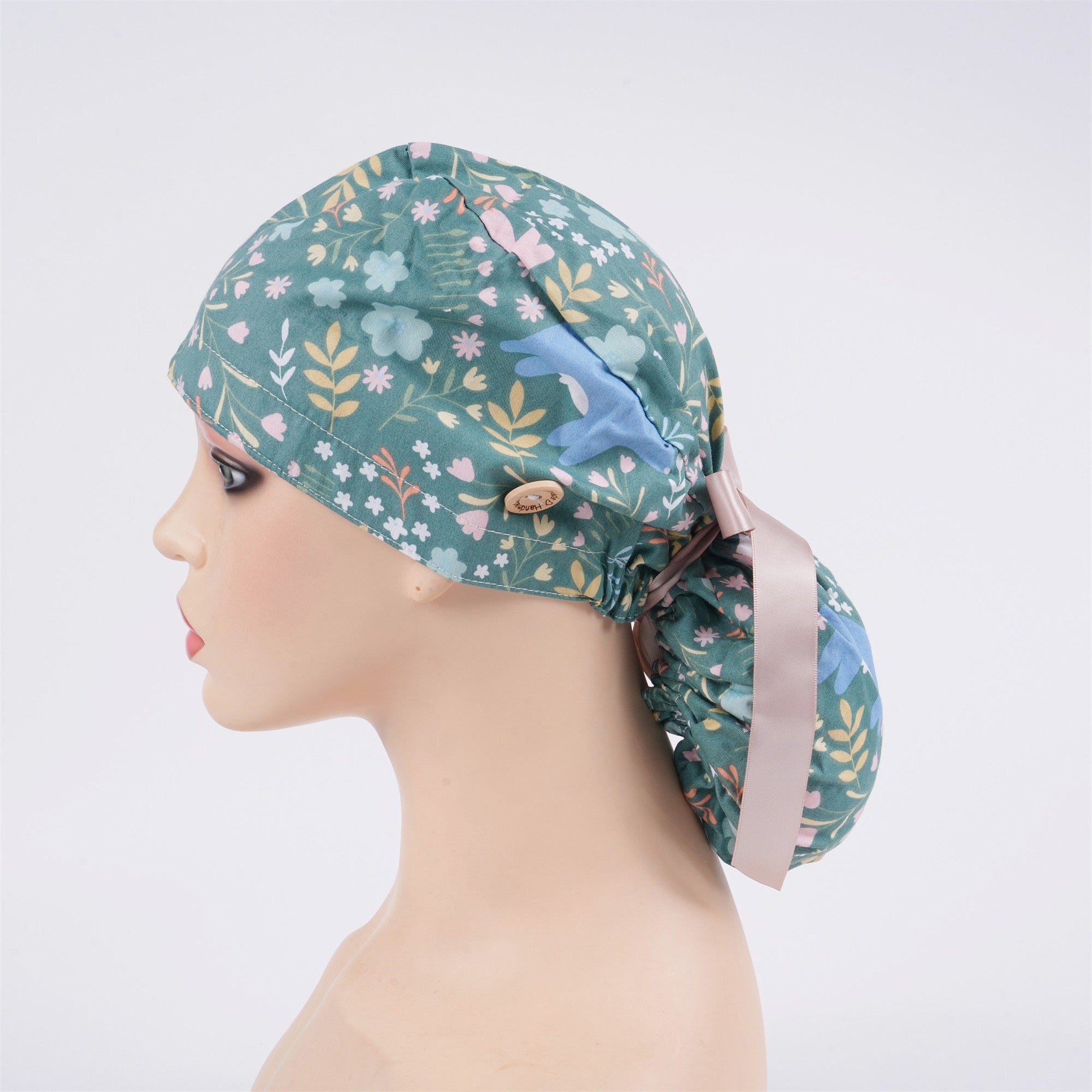 Green Animal Print Cotton Ponytail Scrub Cap