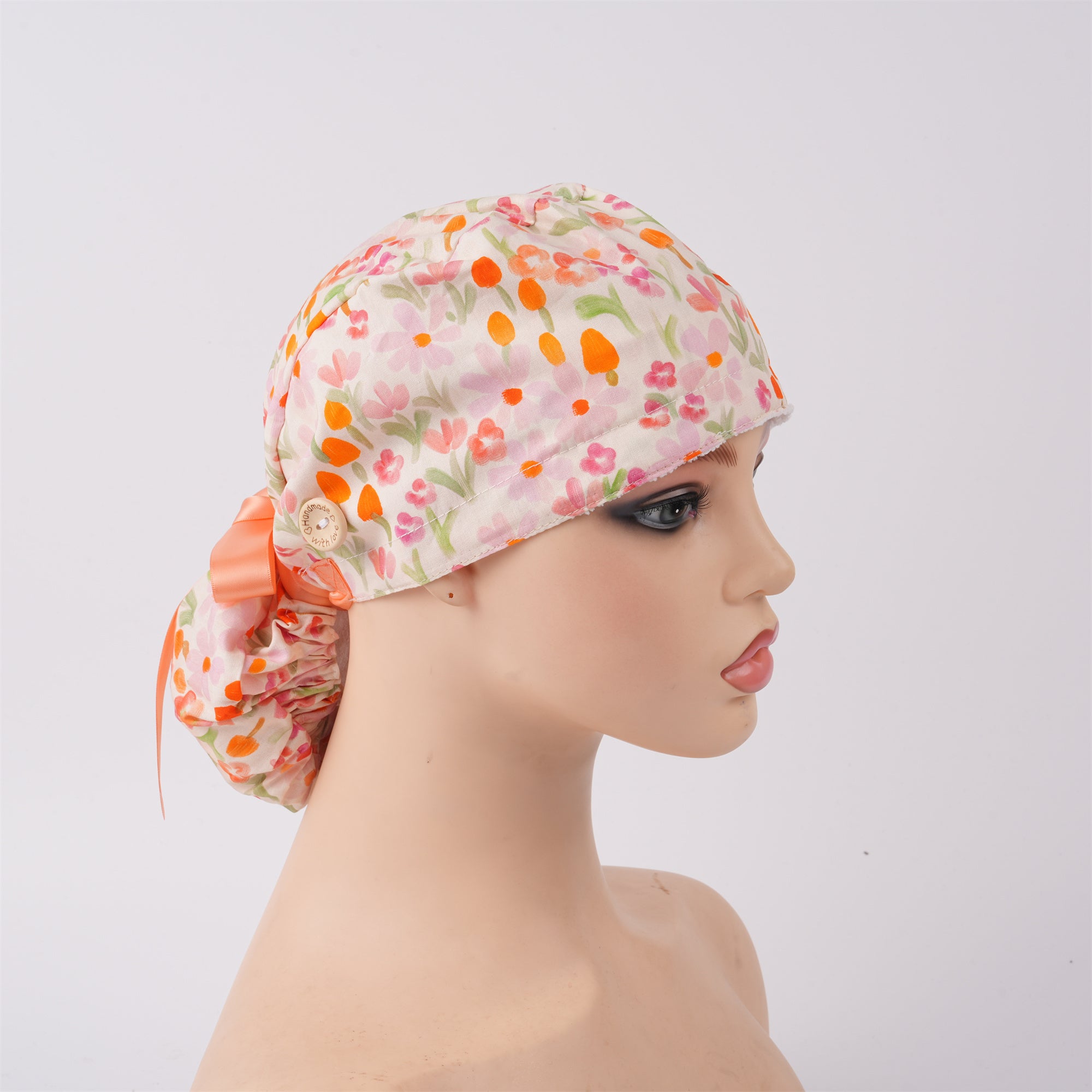 Hot Pink Floral Mushroom Cotton Ponytail Scrub Cap