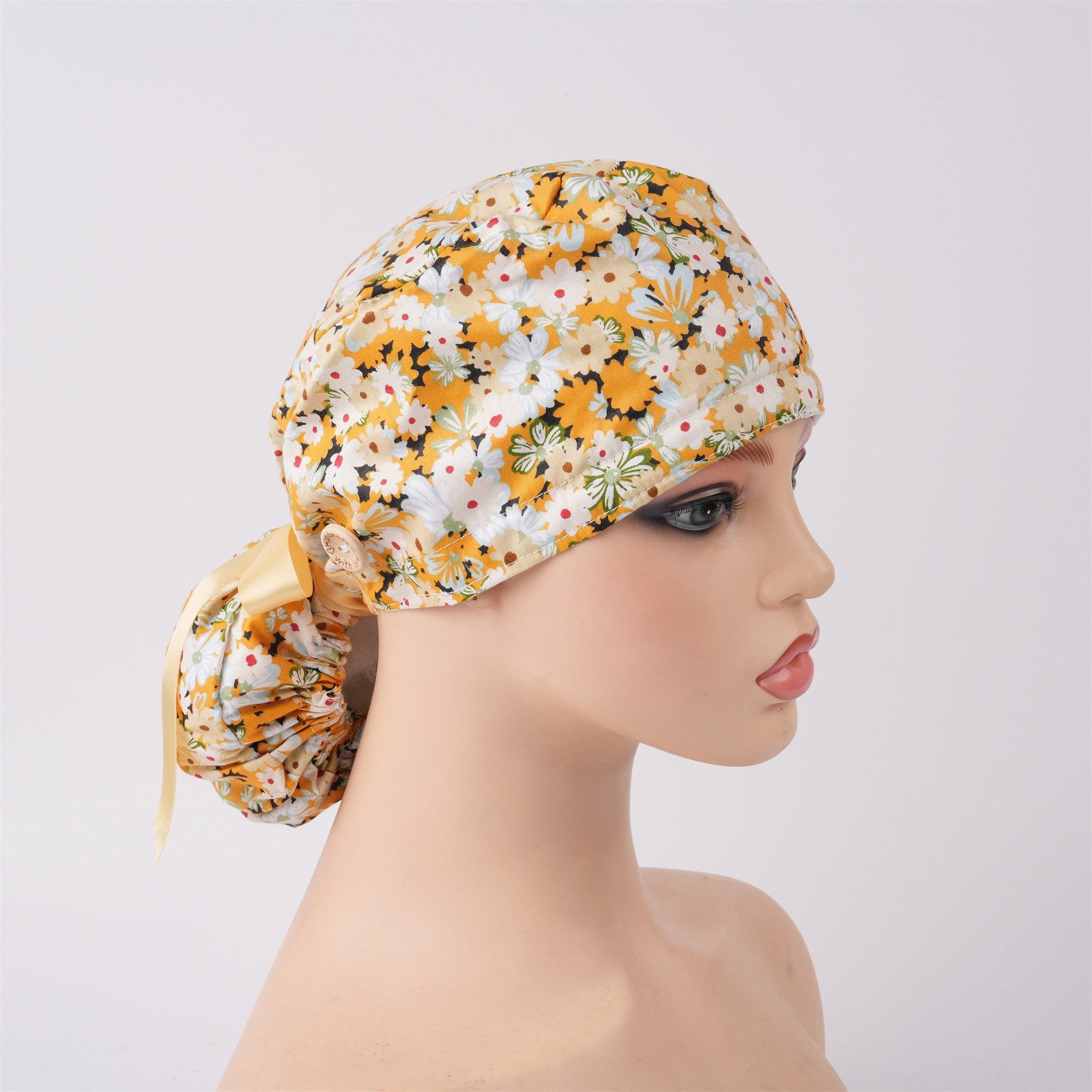 Orange White Floral Cotton Ponytail Scrub Cap
