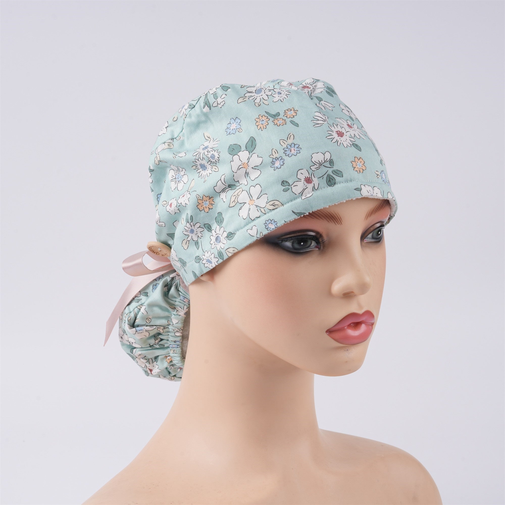 Cotton Ponytail Scrub Cap Handmade, Mint Green OR Hat