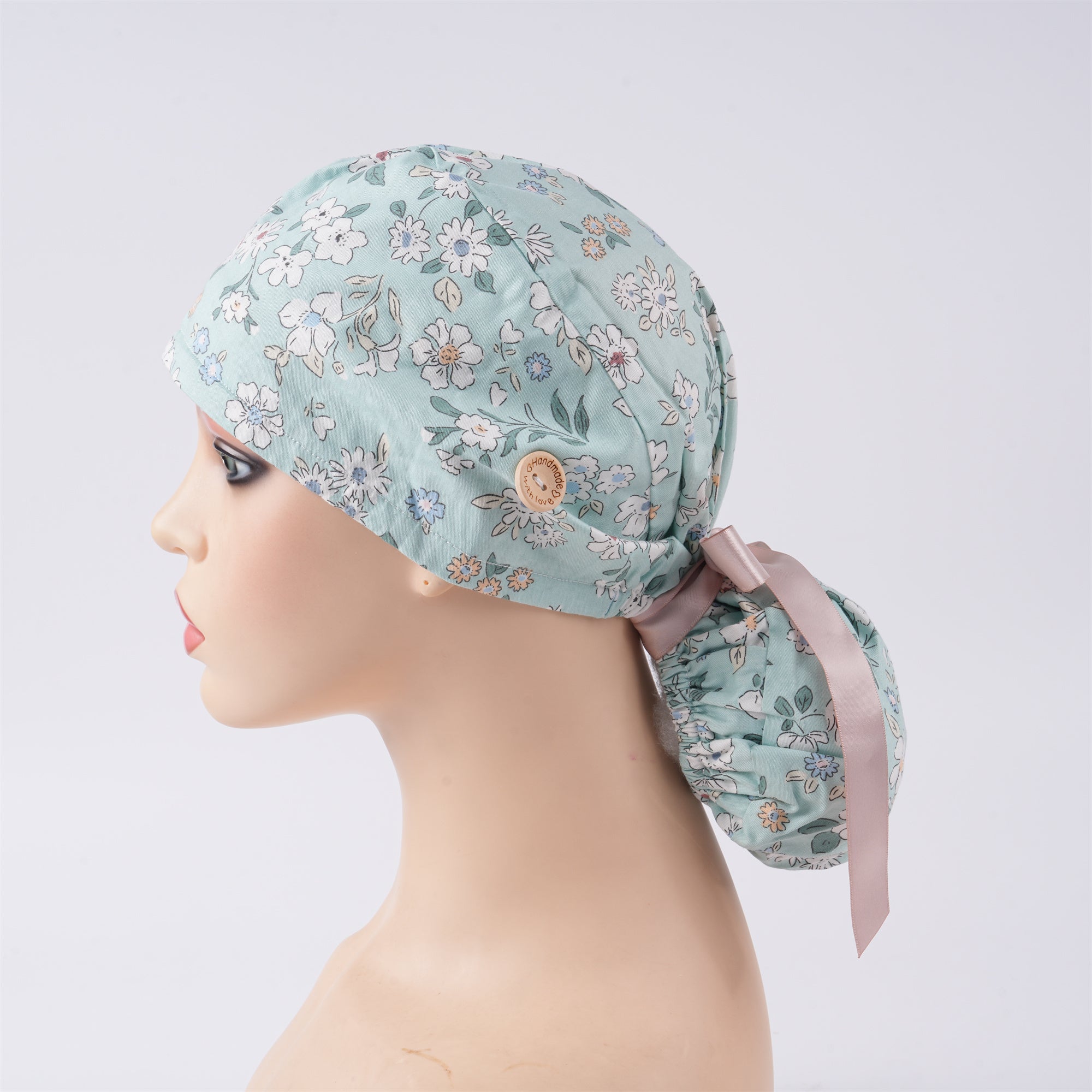 Cotton Ponytail Scrub Cap Handmade, Mint Green OR Hat