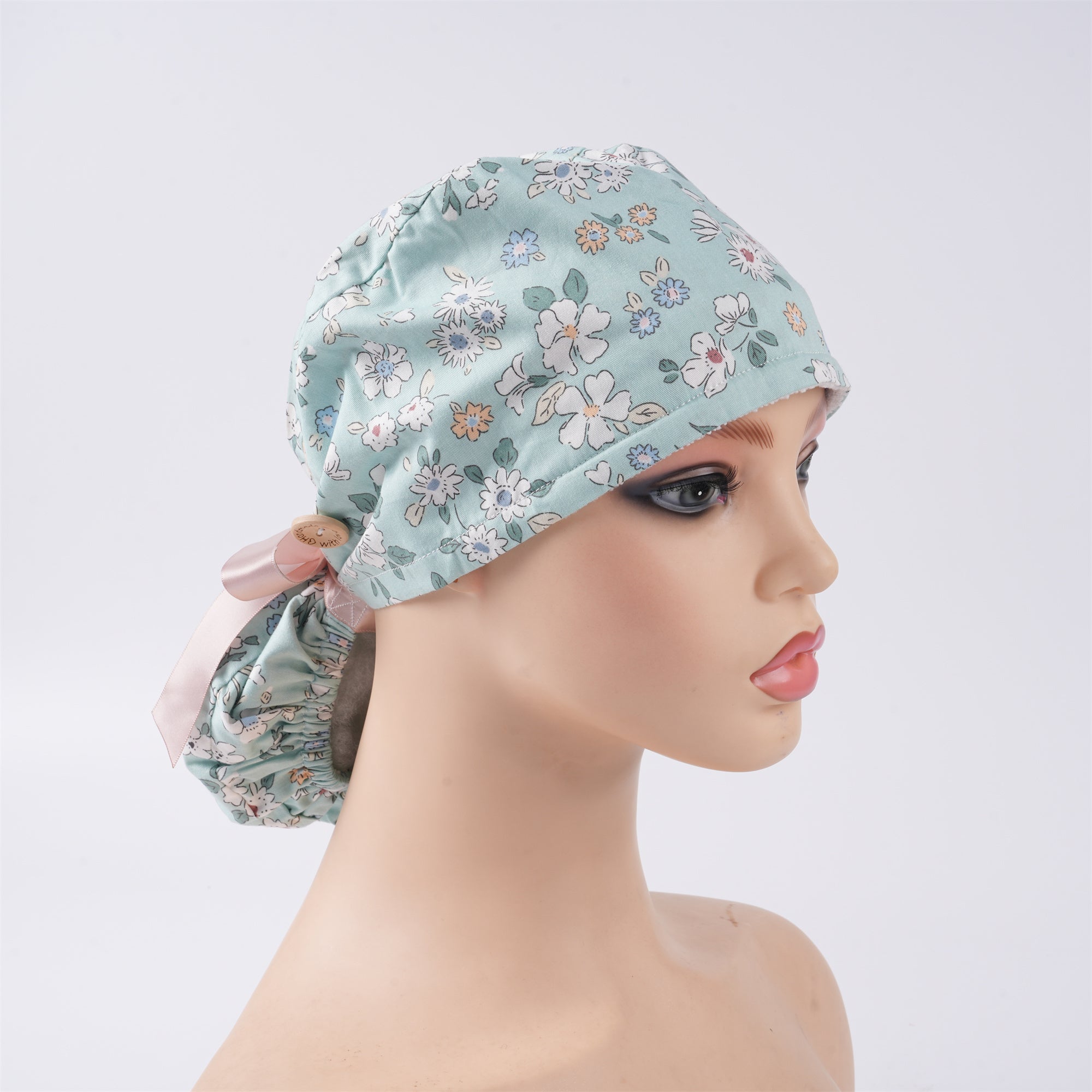 Cotton Ponytail Scrub Cap Handmade, Mint Green OR Hat