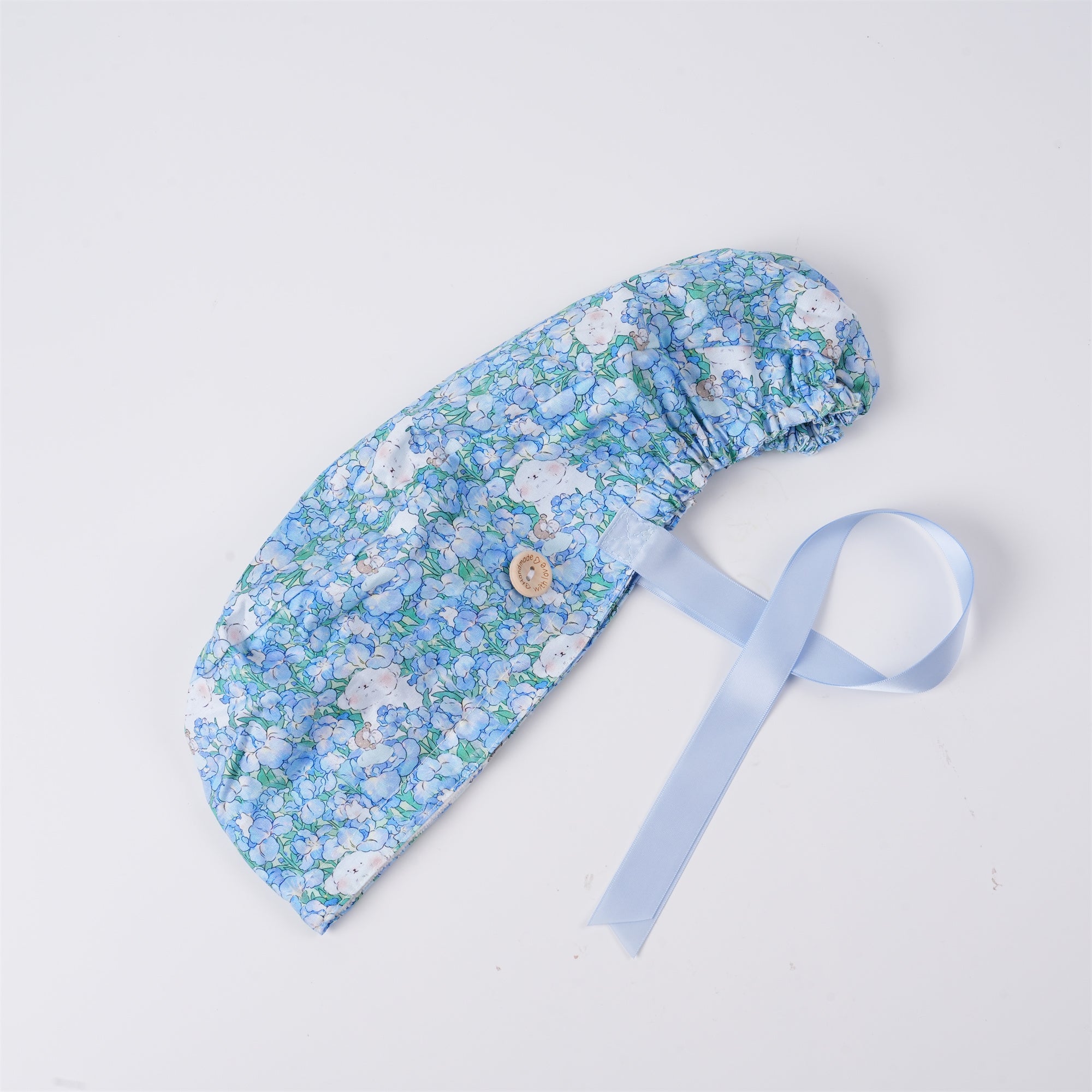 Blue Floral Bear Cotton Ponytail Scrub Cap
