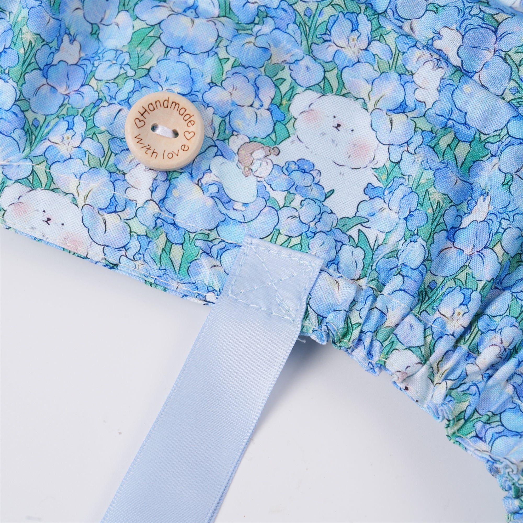 Blue Floral Bear Cotton Ponytail Scrub Cap