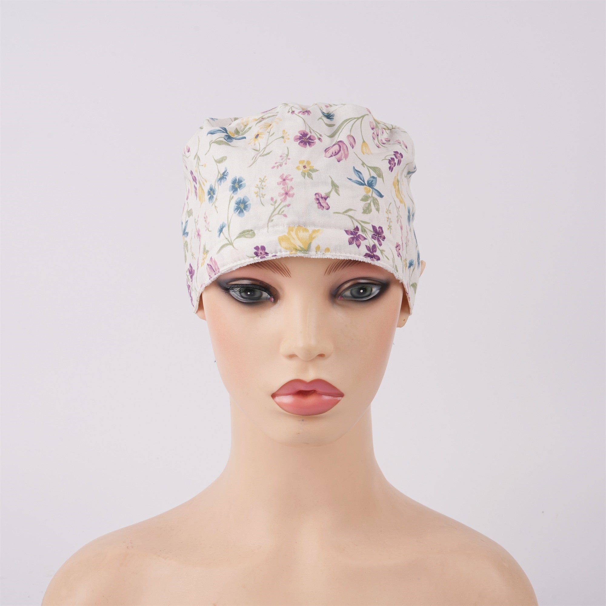 Small Flower Cotton Ponytail Scrub Cap,Purple Blue Yellow