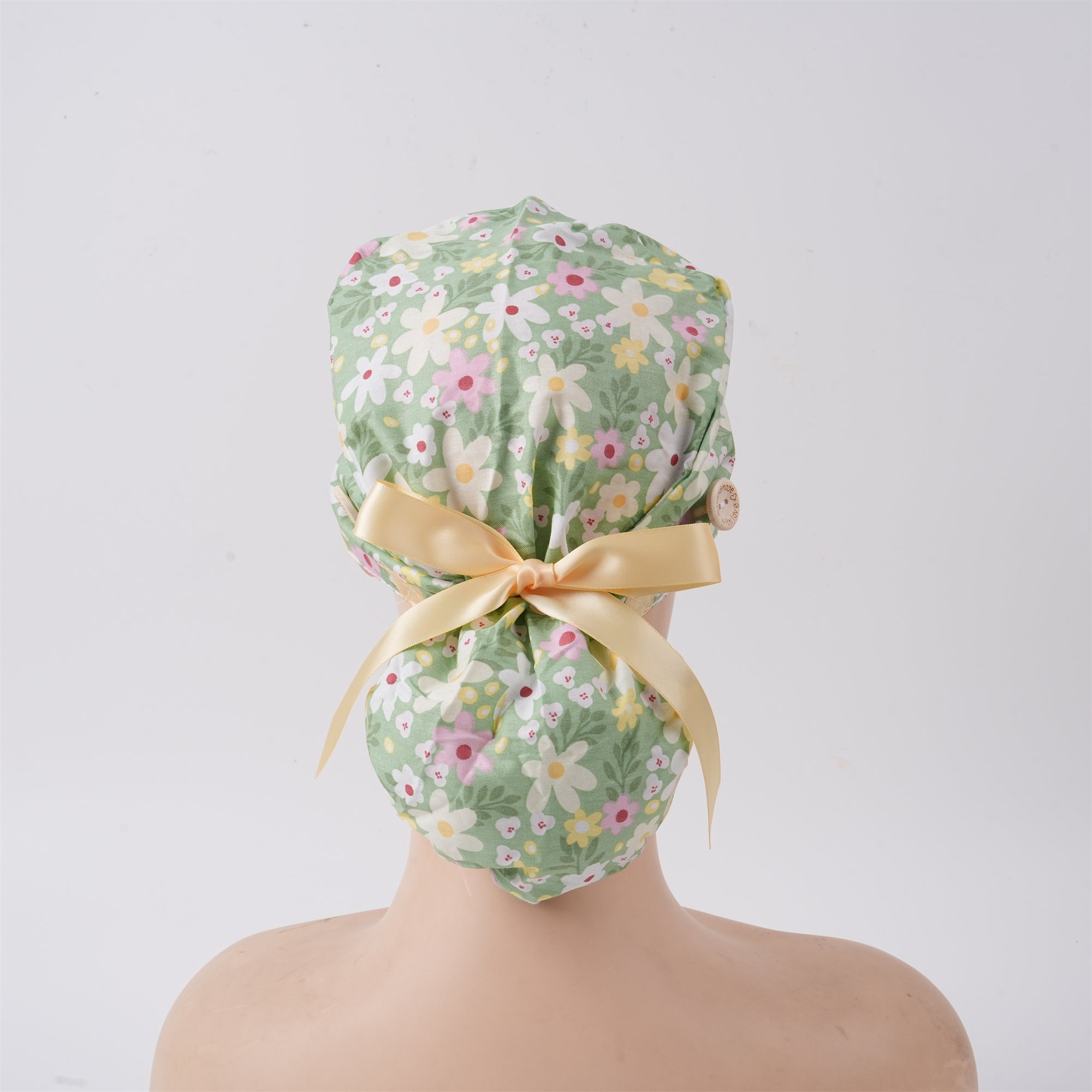 Pink White Floral Cotton Ponytail Scrub Cap