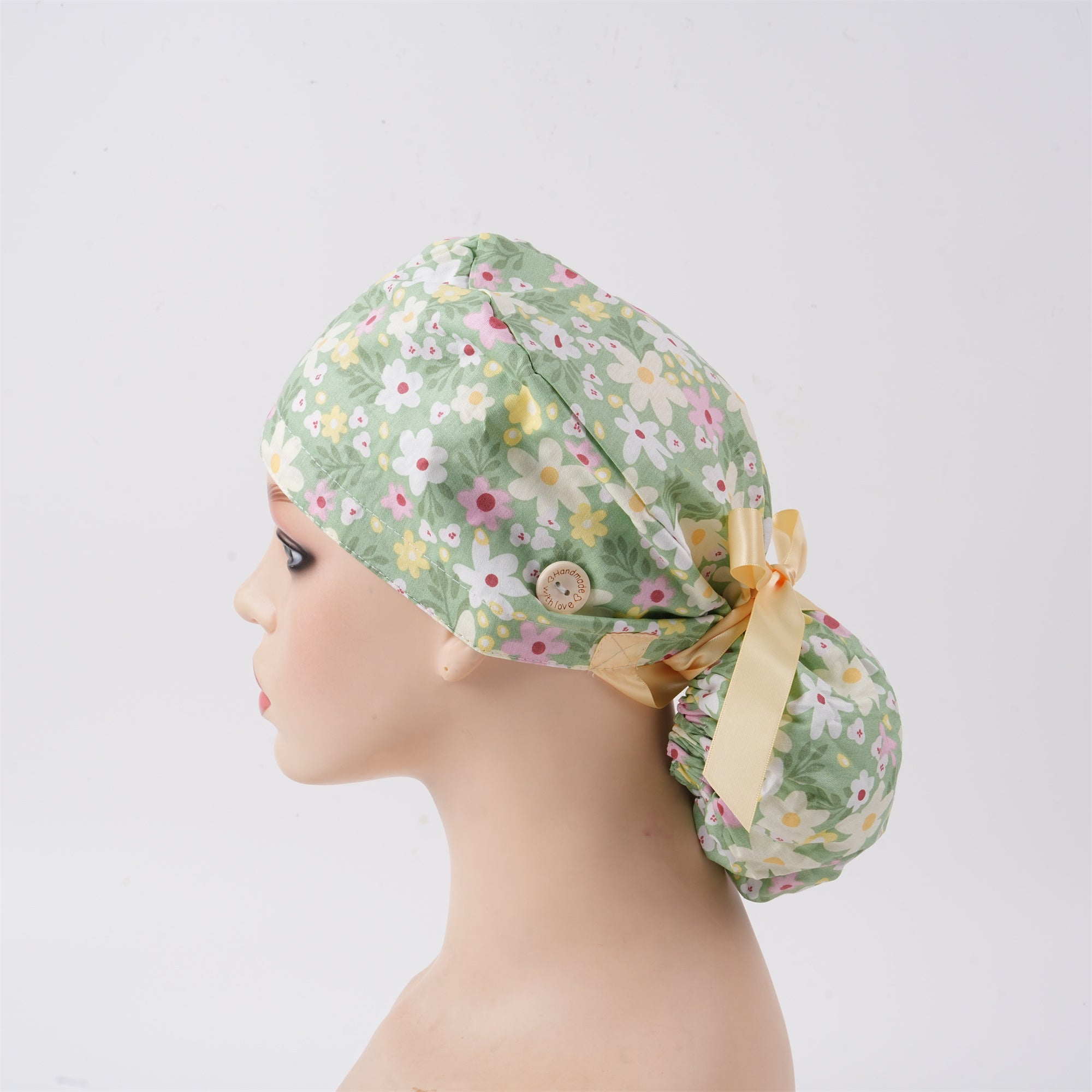 Pink White Floral Cotton Ponytail Scrub Cap