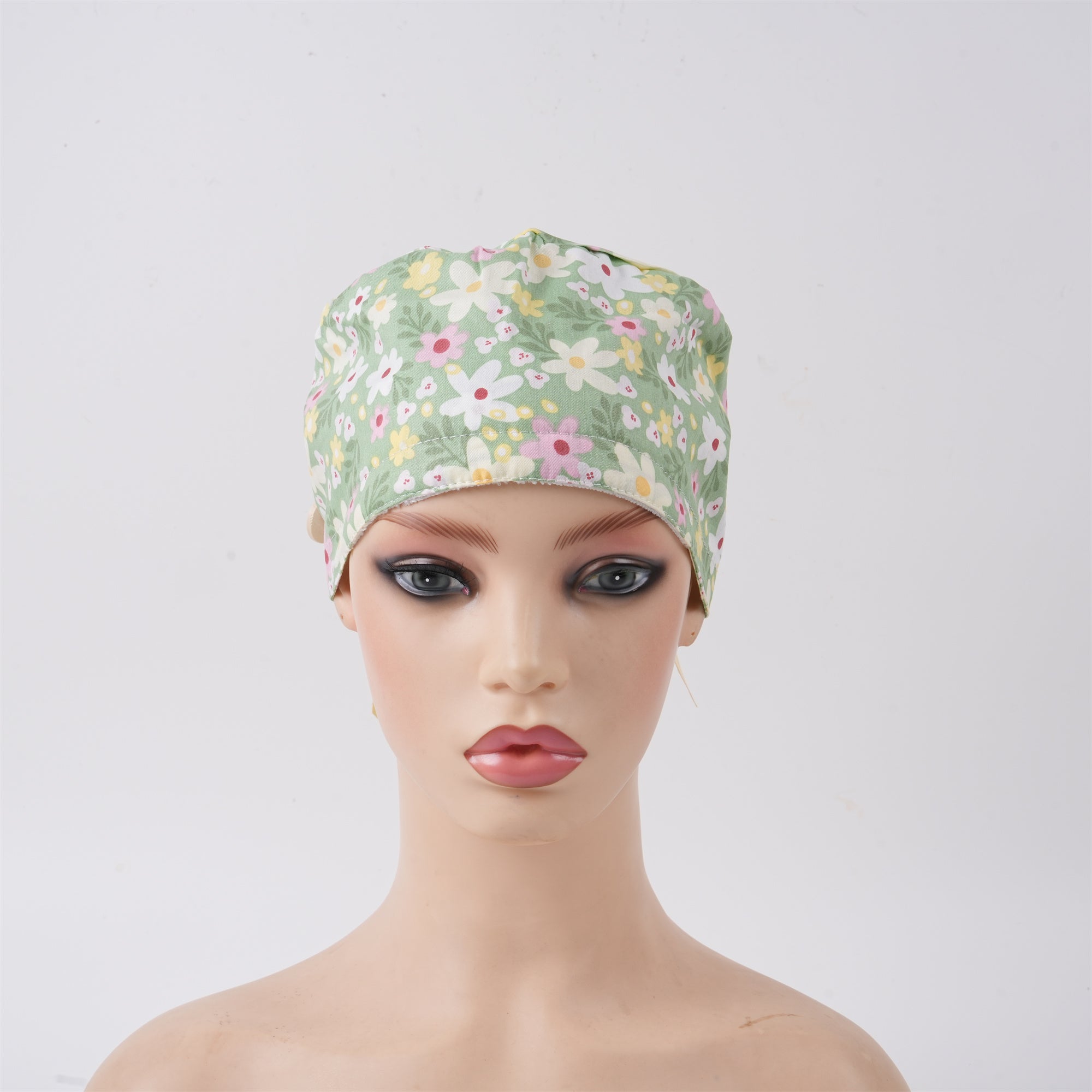 Pink White Floral Cotton Ponytail Scrub Cap