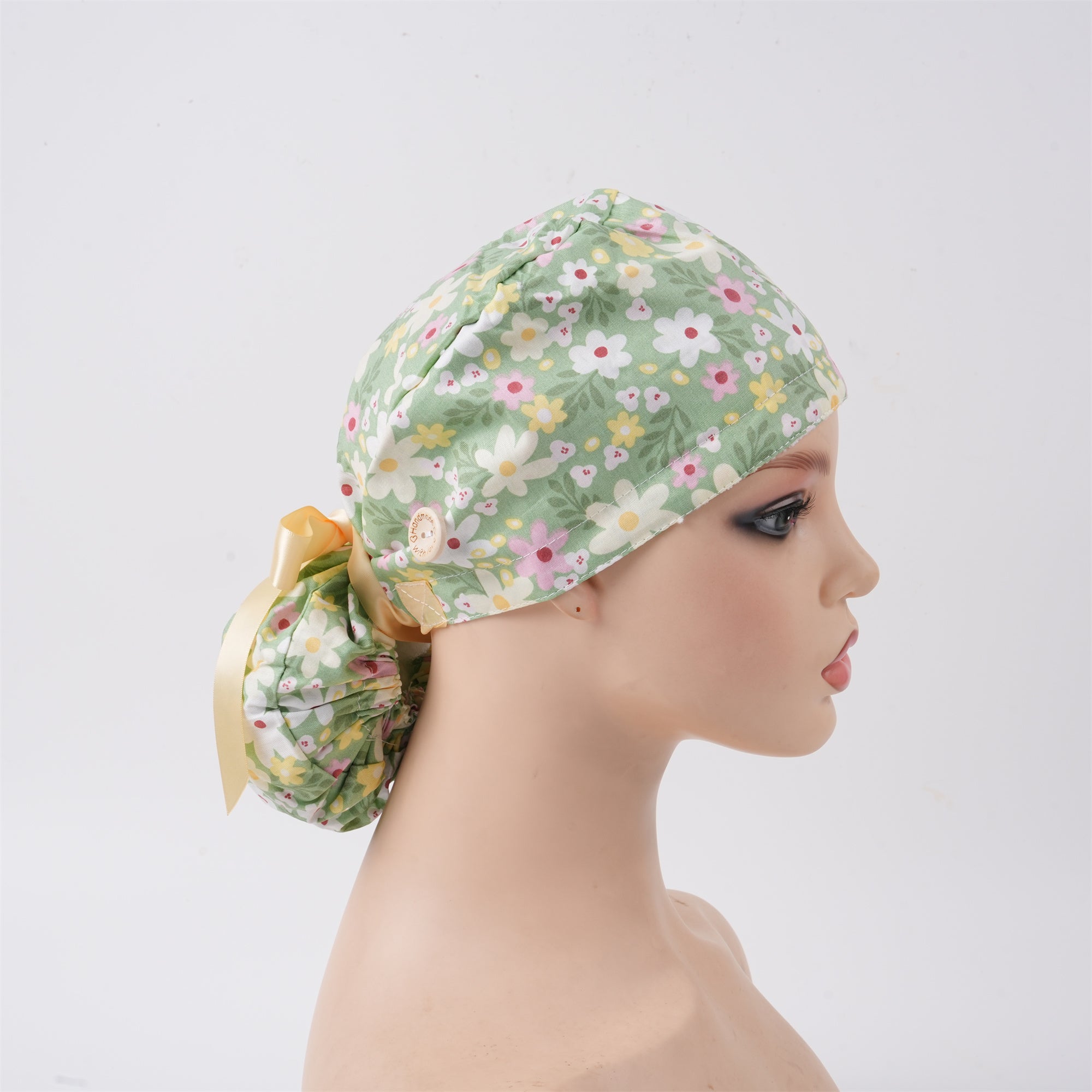 Pink White Floral Cotton Ponytail Scrub Cap