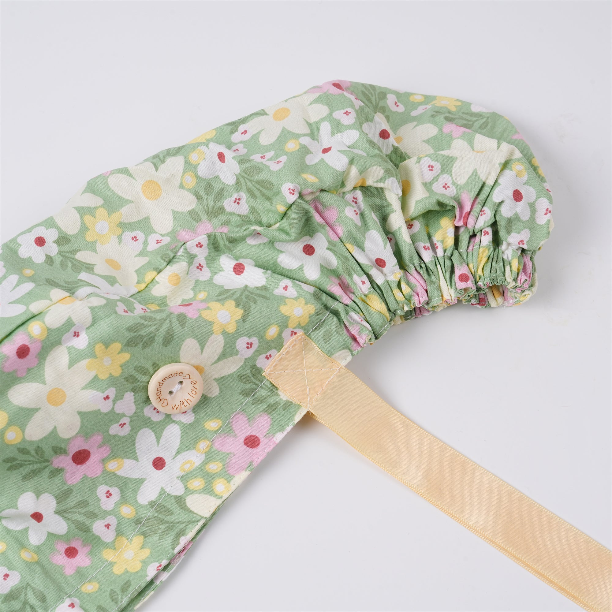 Pink White Floral Cotton Ponytail Scrub Cap