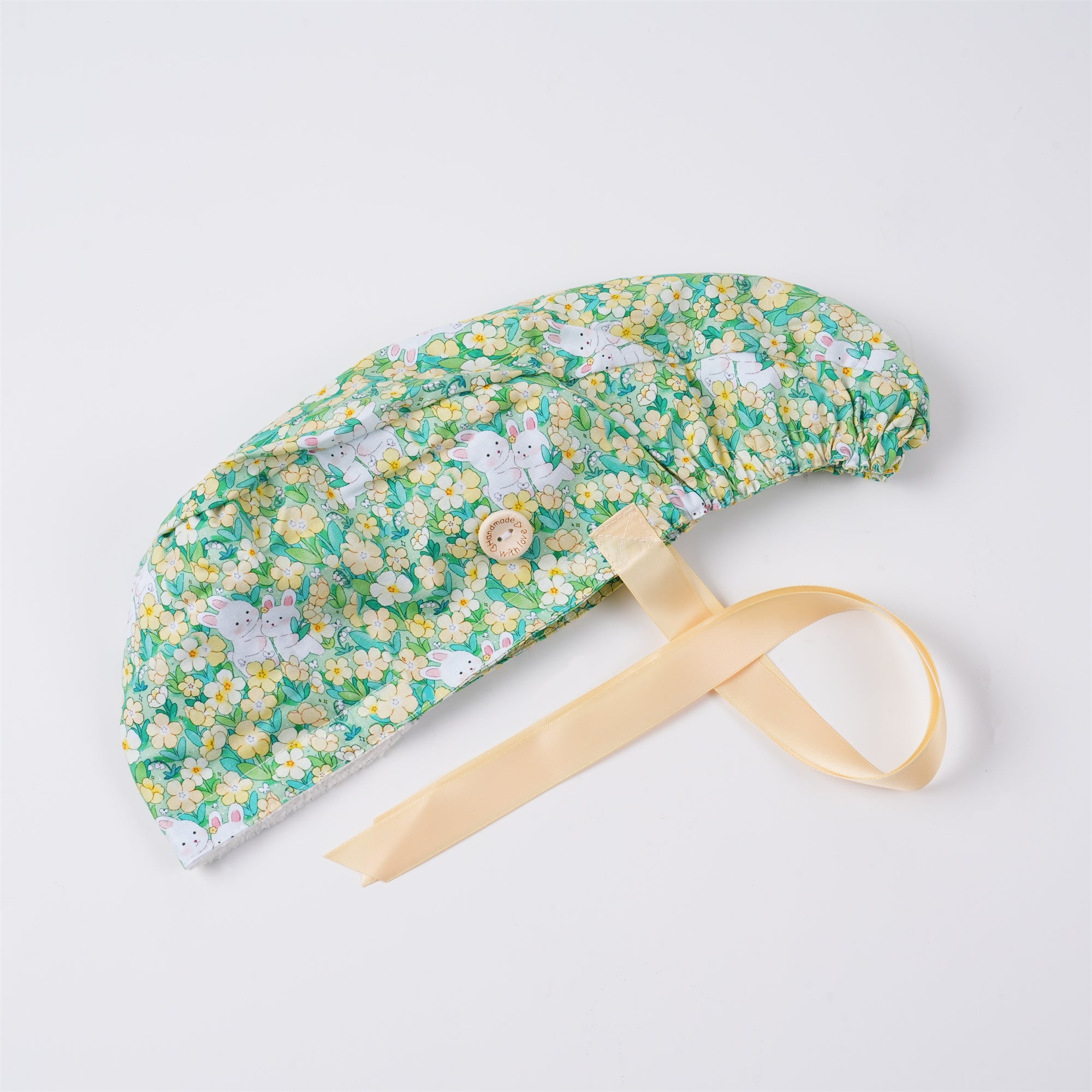 Yellow Floral Bunny Cotton Ponytail Scrub Cap