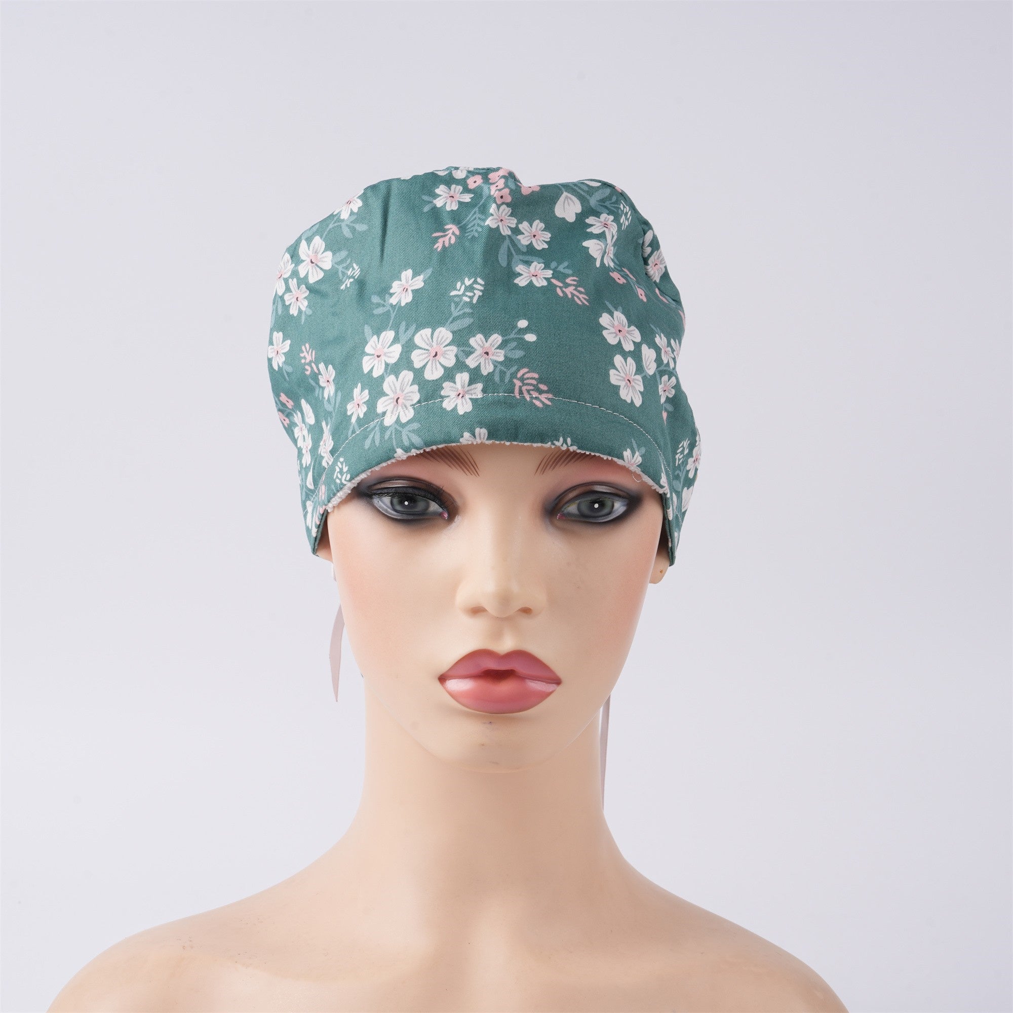 Green Floral Cotton Ponytail Scrub Cap