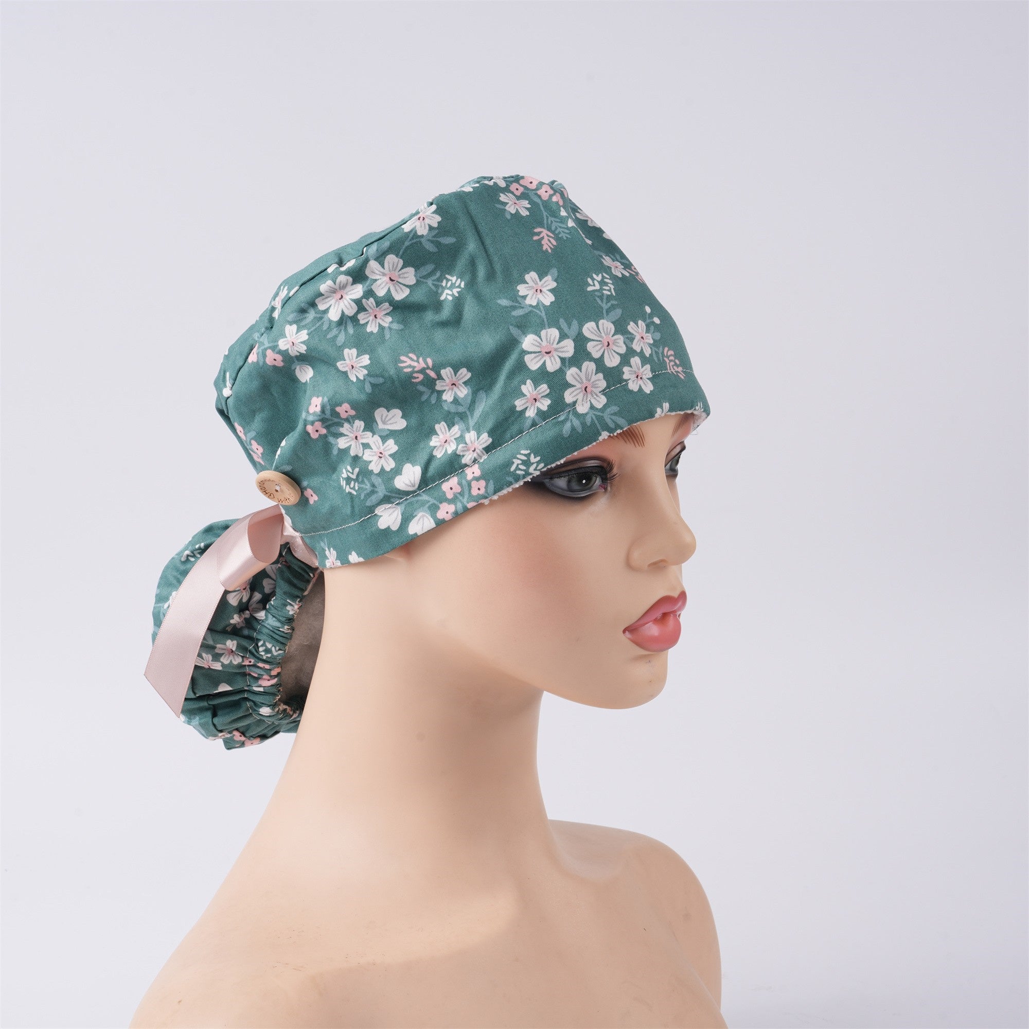 Green Floral Cotton Ponytail Scrub Cap