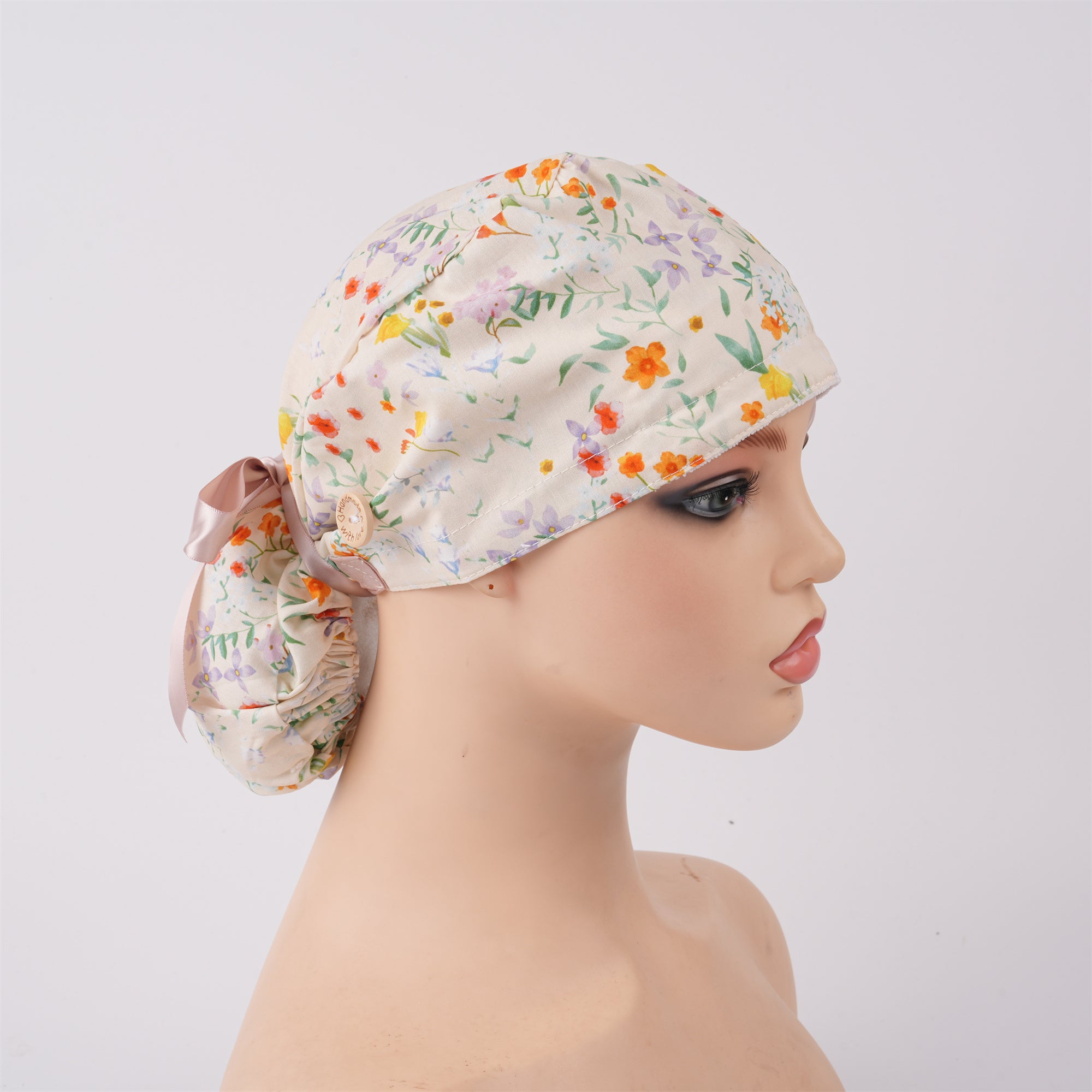 Colorful Flowers Cotton Ponytail Scrub Cap