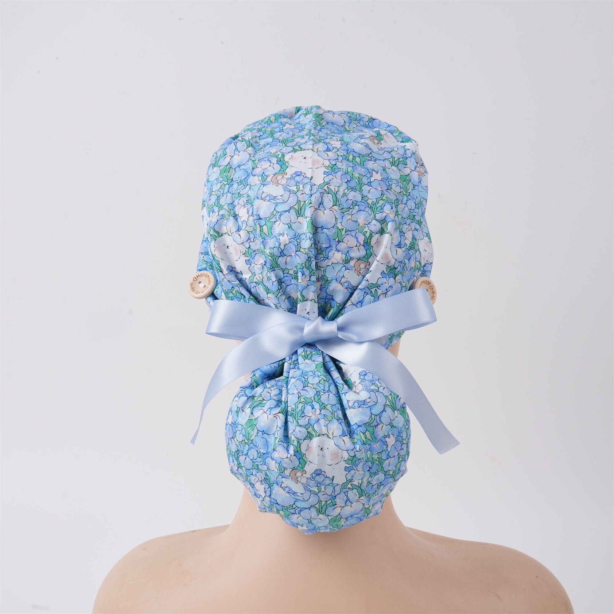 Blue Floral Bear Cotton Ponytail Scrub Cap