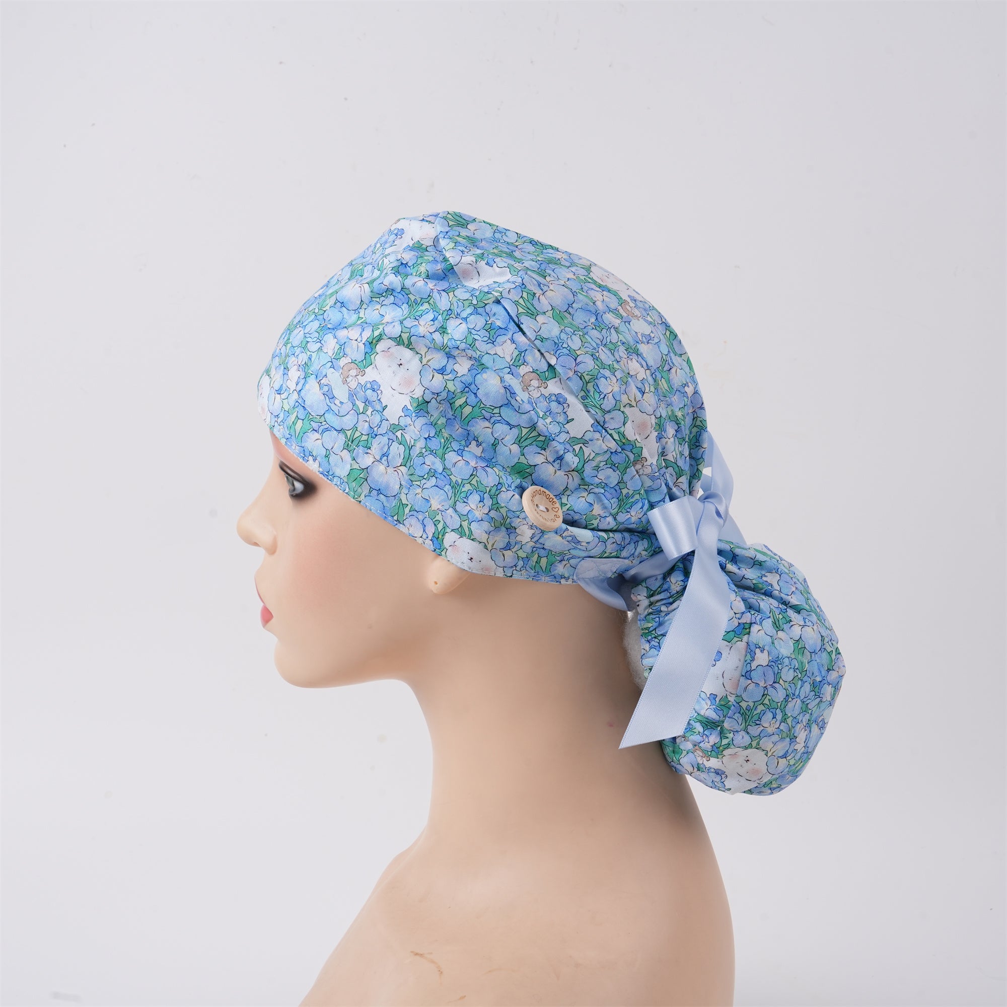 Blue Floral Bear Cotton Ponytail Scrub Cap