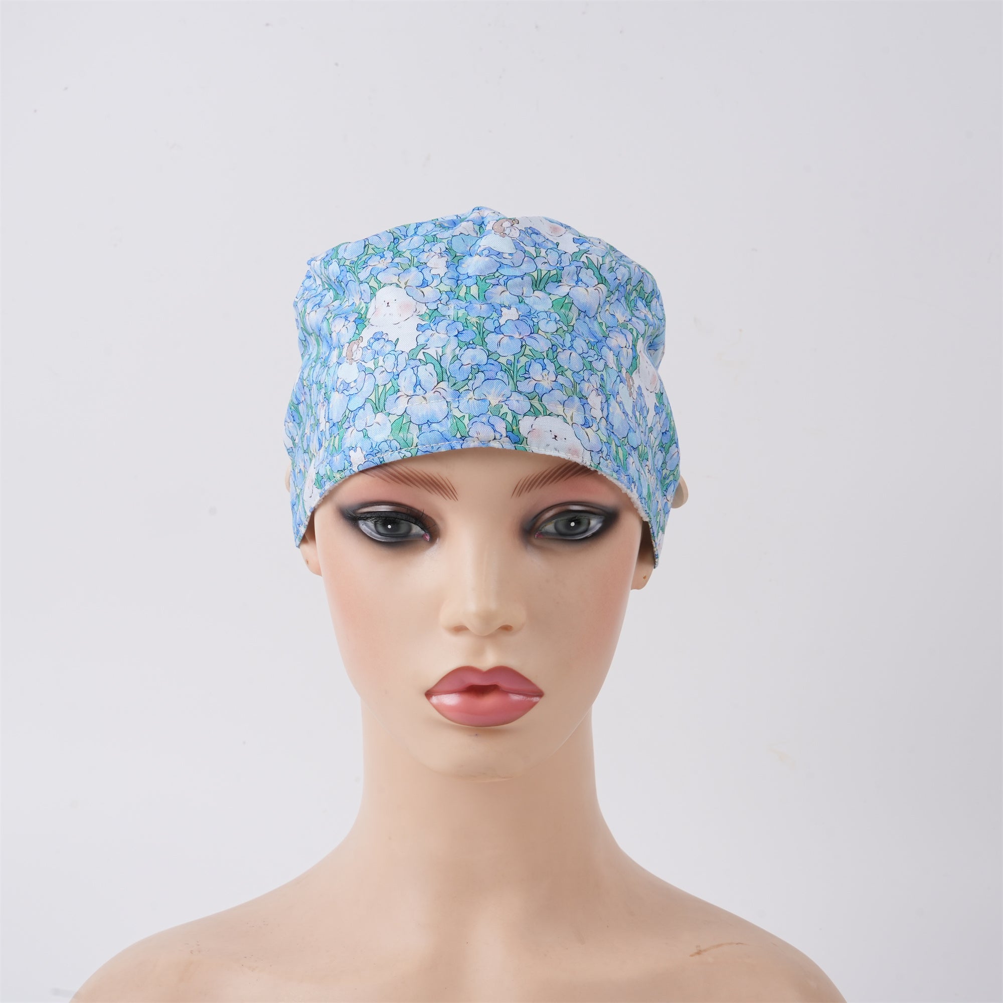 Blue Floral Bear Cotton Ponytail Scrub Cap