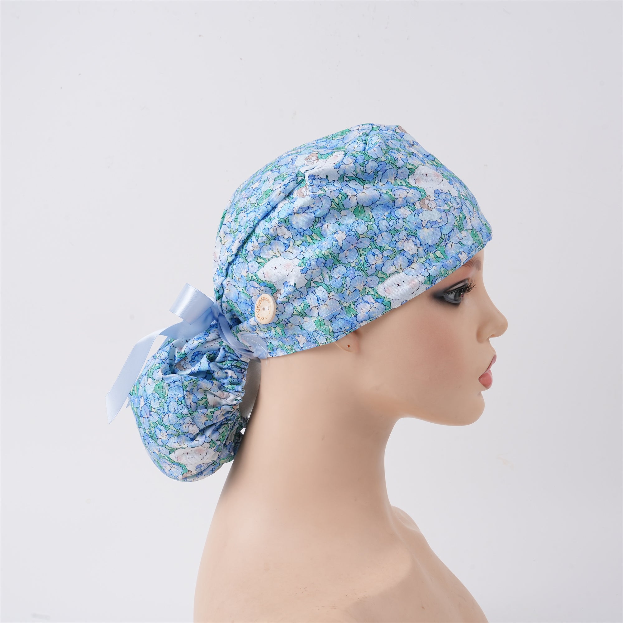 Blue Floral Bear Cotton Ponytail Scrub Cap