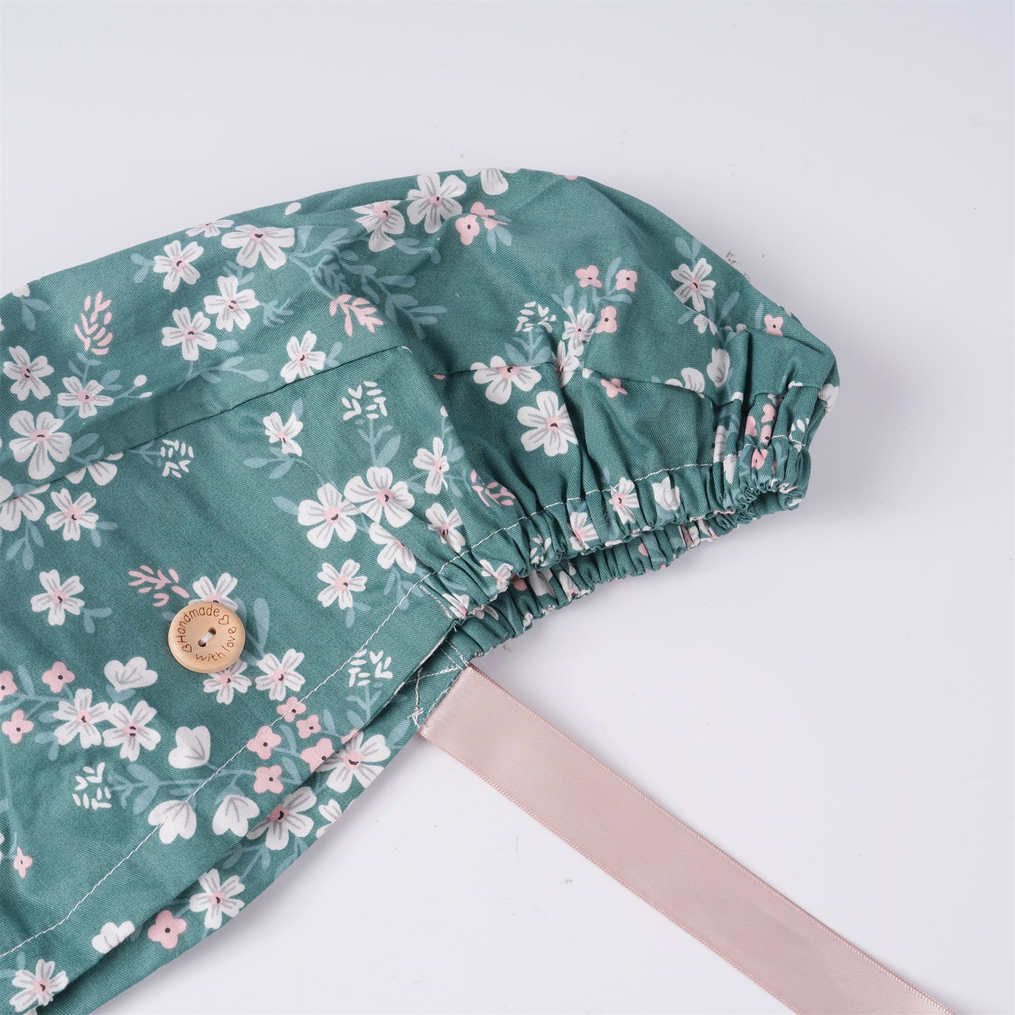 Green Floral Cotton Ponytail Scrub Cap