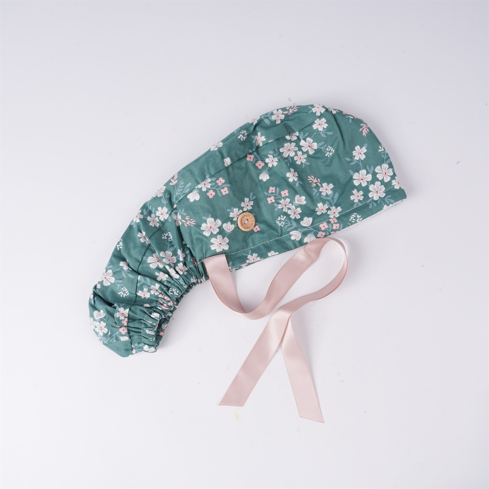 Green Floral Cotton Ponytail Scrub Cap
