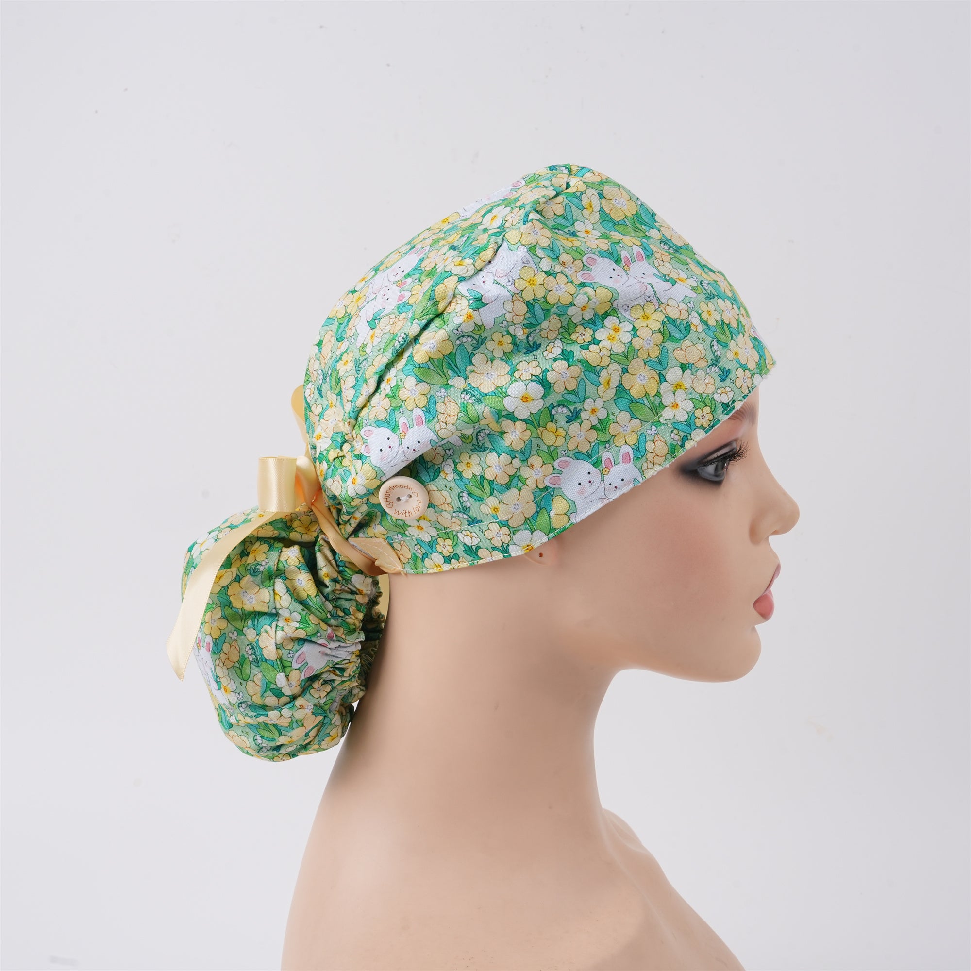 Yellow Floral Bunny Cotton Ponytail Scrub Cap