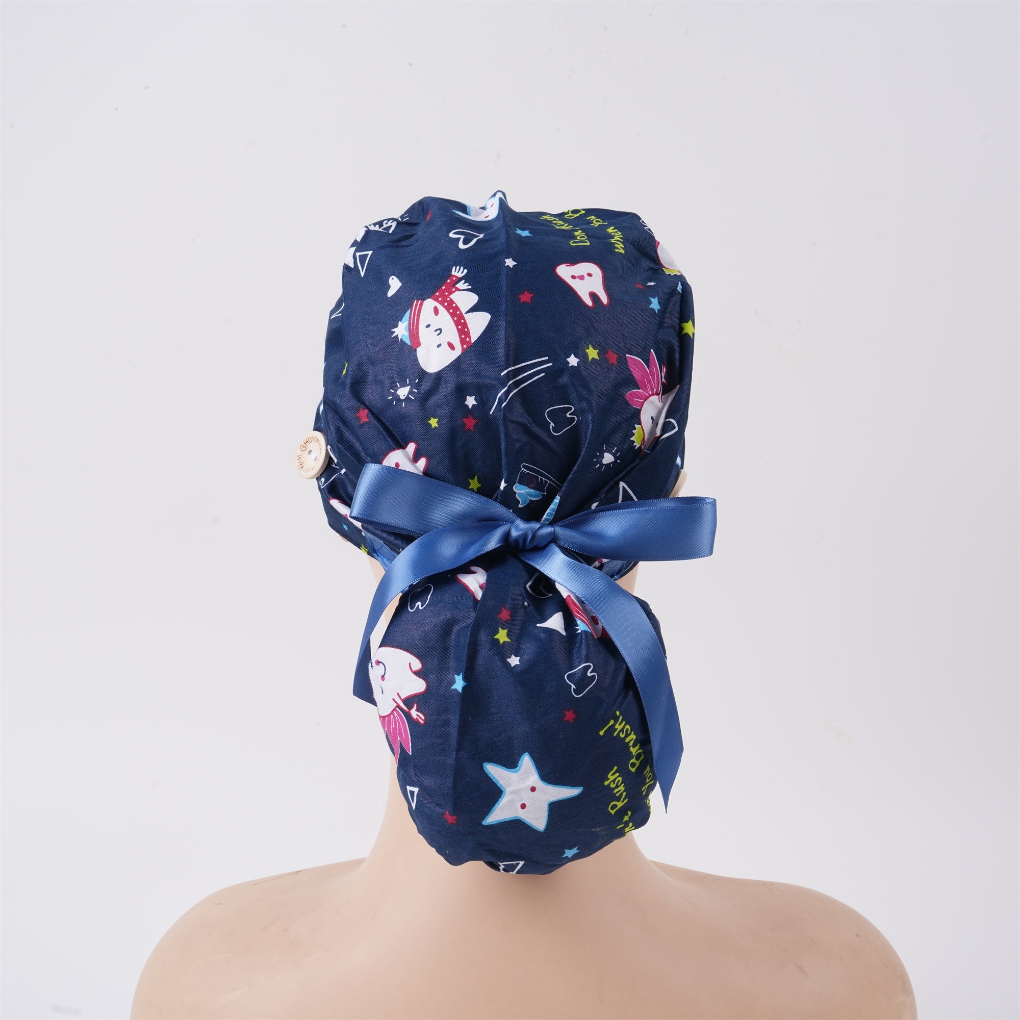 Navy Teeth Cotton Ponytail Scrub Cap