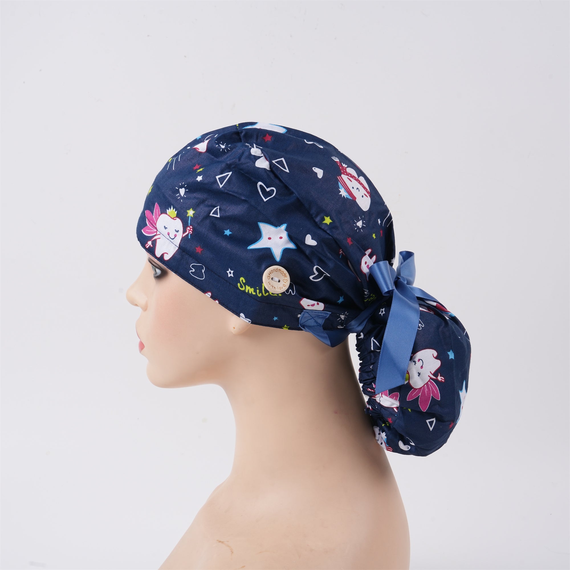 Navy Teeth Cotton Ponytail Scrub Cap
