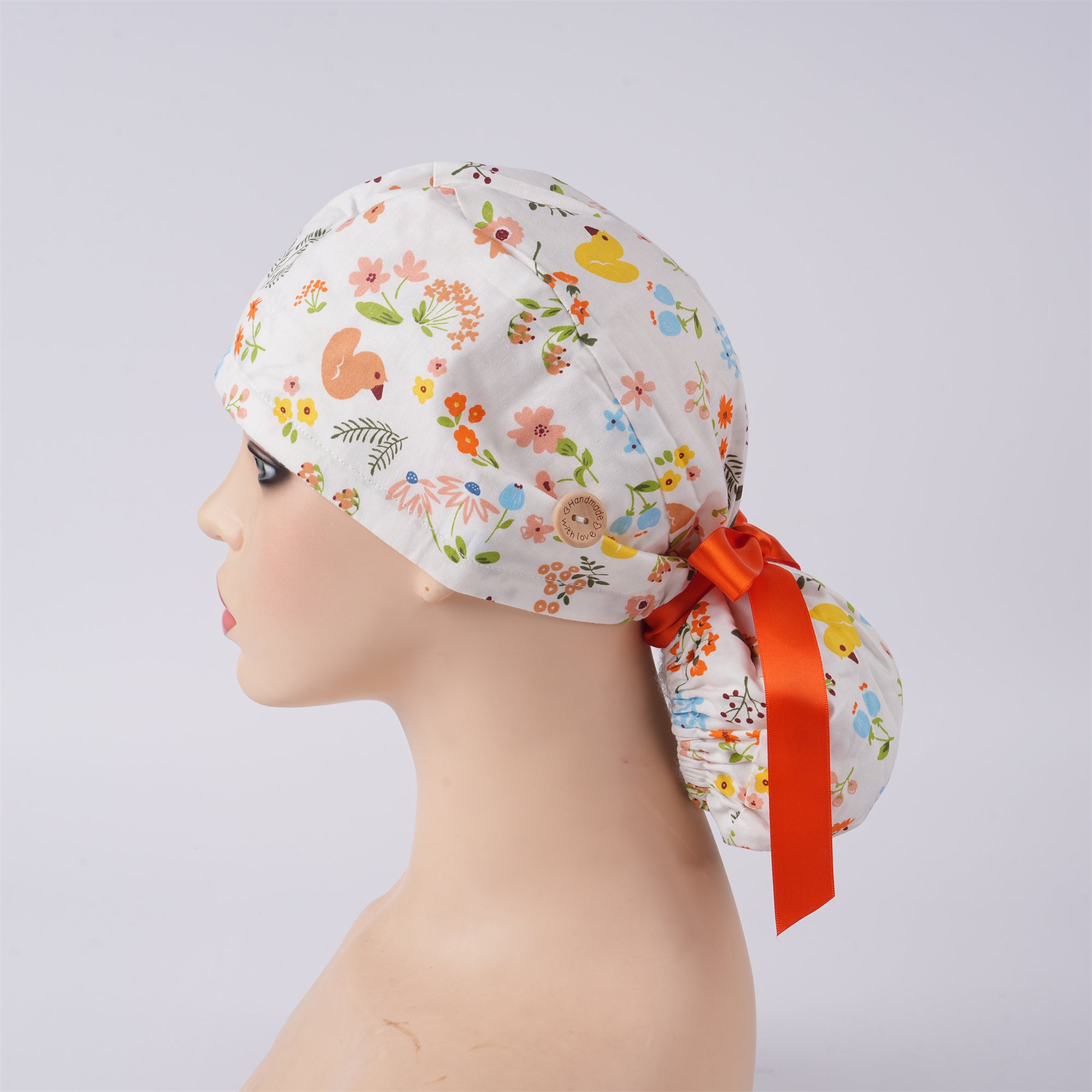 Summer Duck Floral Cotton Ponytail Scrub Cap