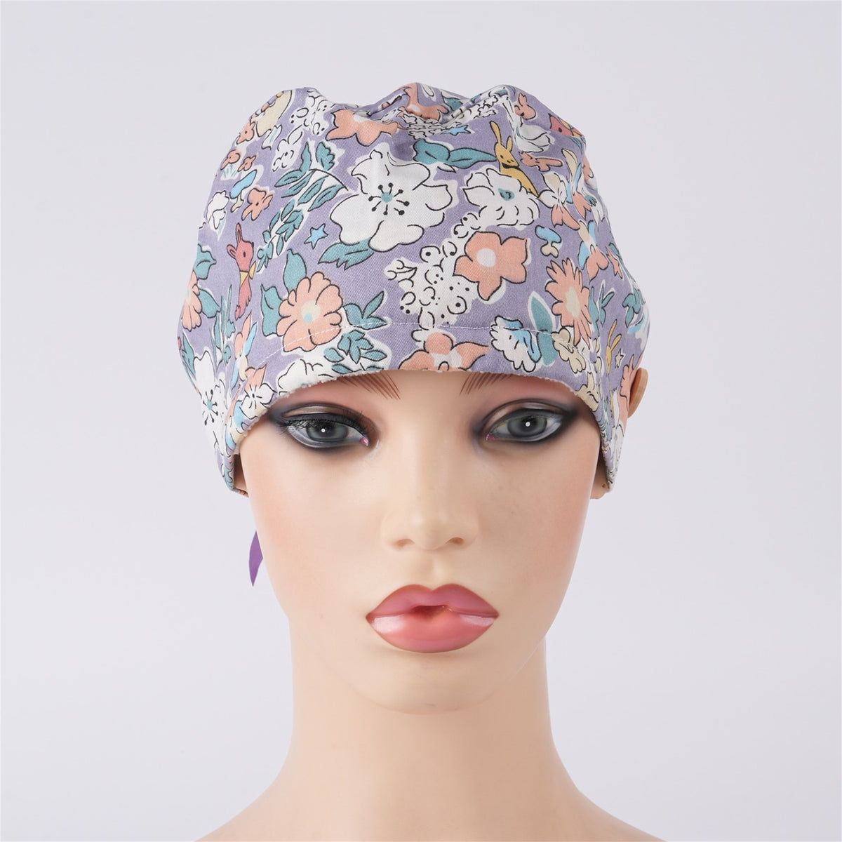 Purple Puppy Floral Cotton Ponytail Scrub Cap